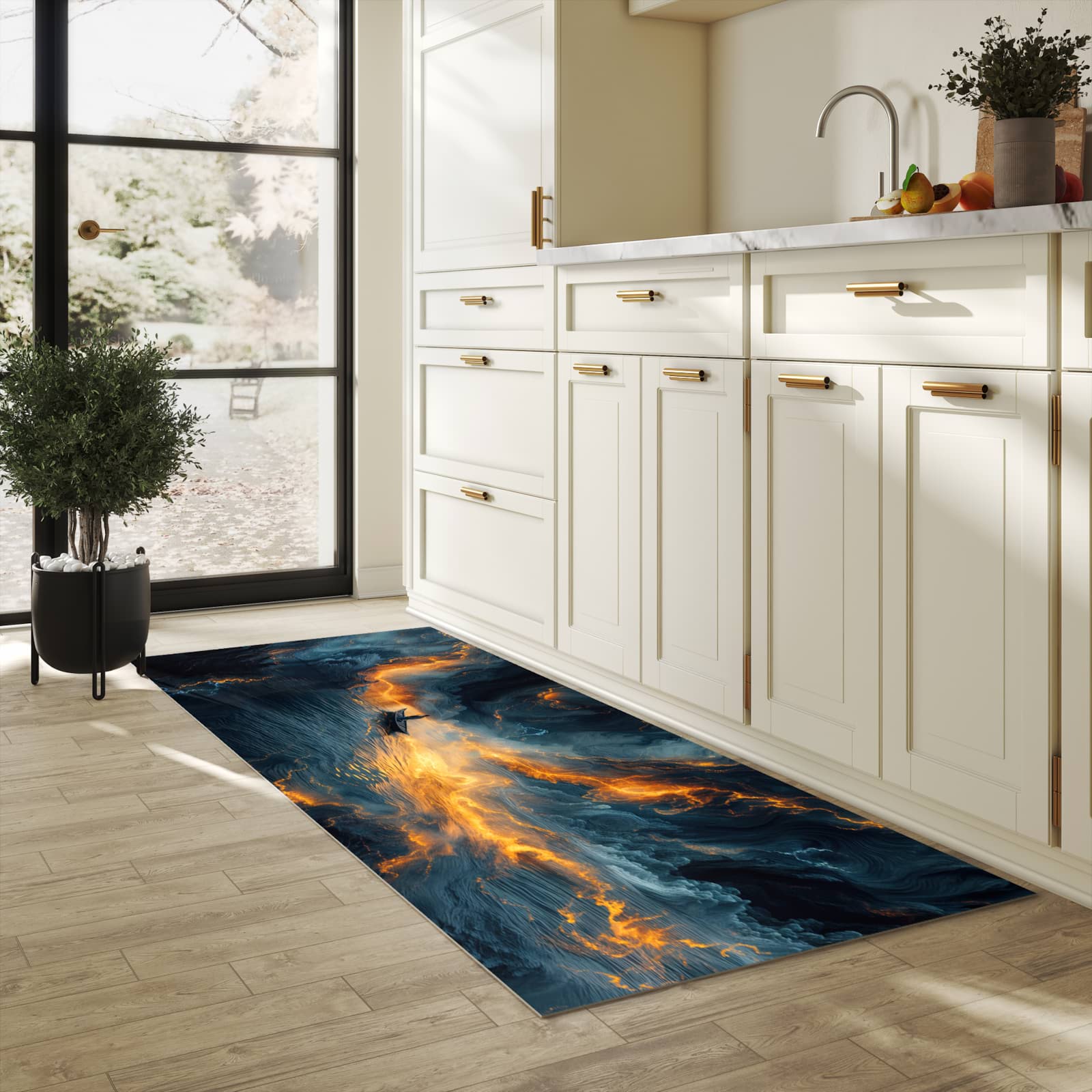 UV-beständiger Küchenläufer mit Motiv Feuer und Wasser in heller Küche