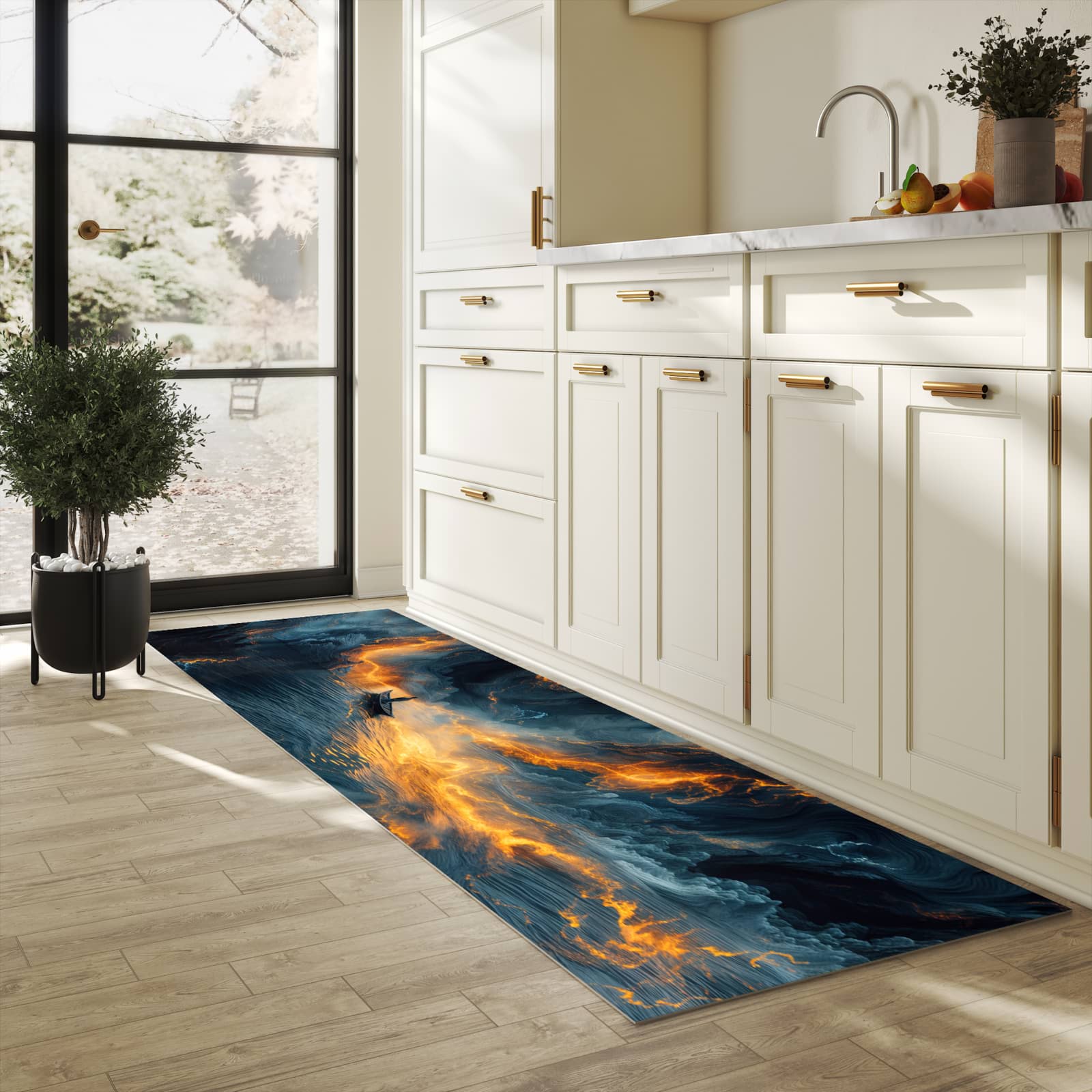 Langlebiger Küchenteppich mit Motiv Feuer und Wasser in heller Küche