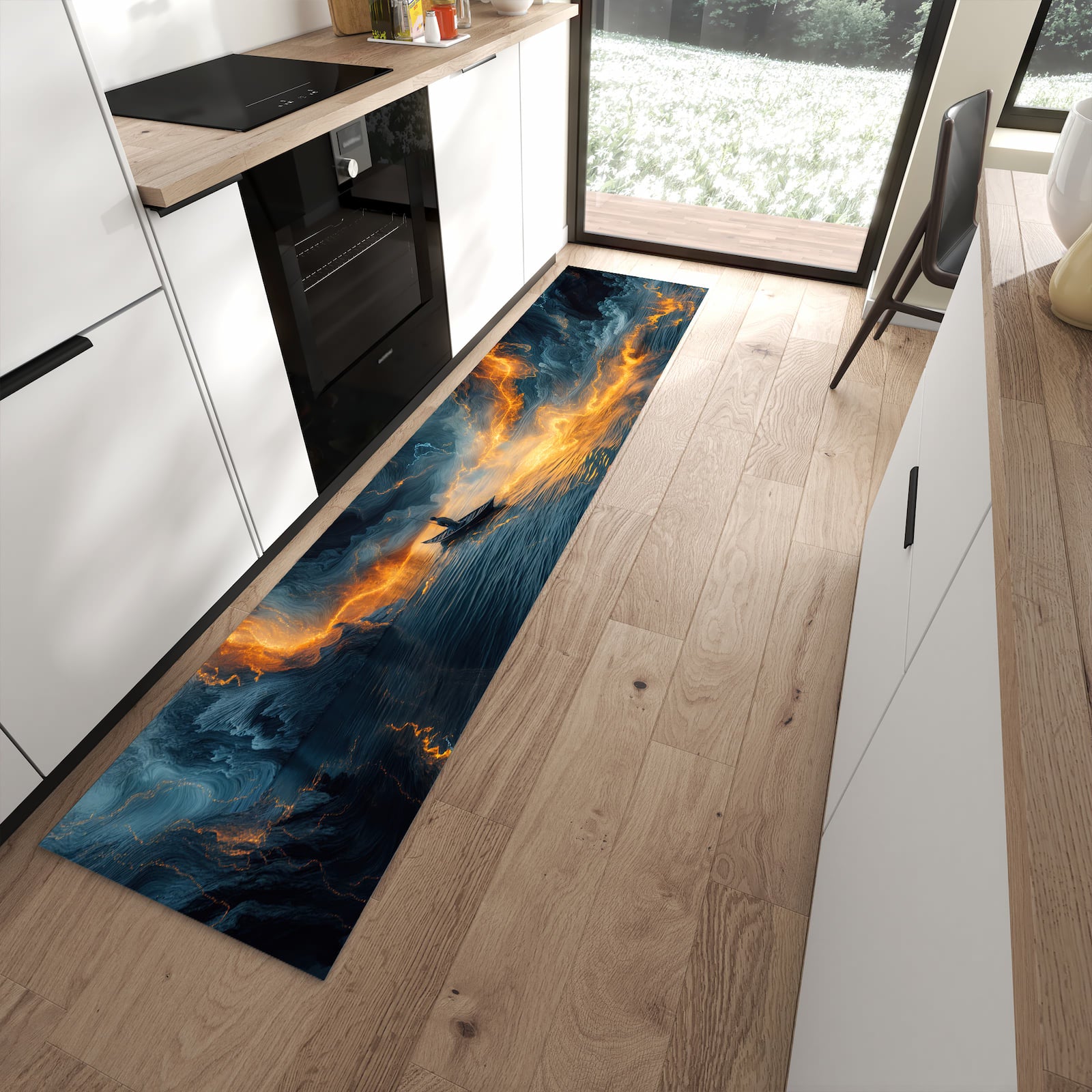 Geräuschdämpfender waschbarer Küchenläufer mit Motiv Feuer und Wasser in moderner Küche