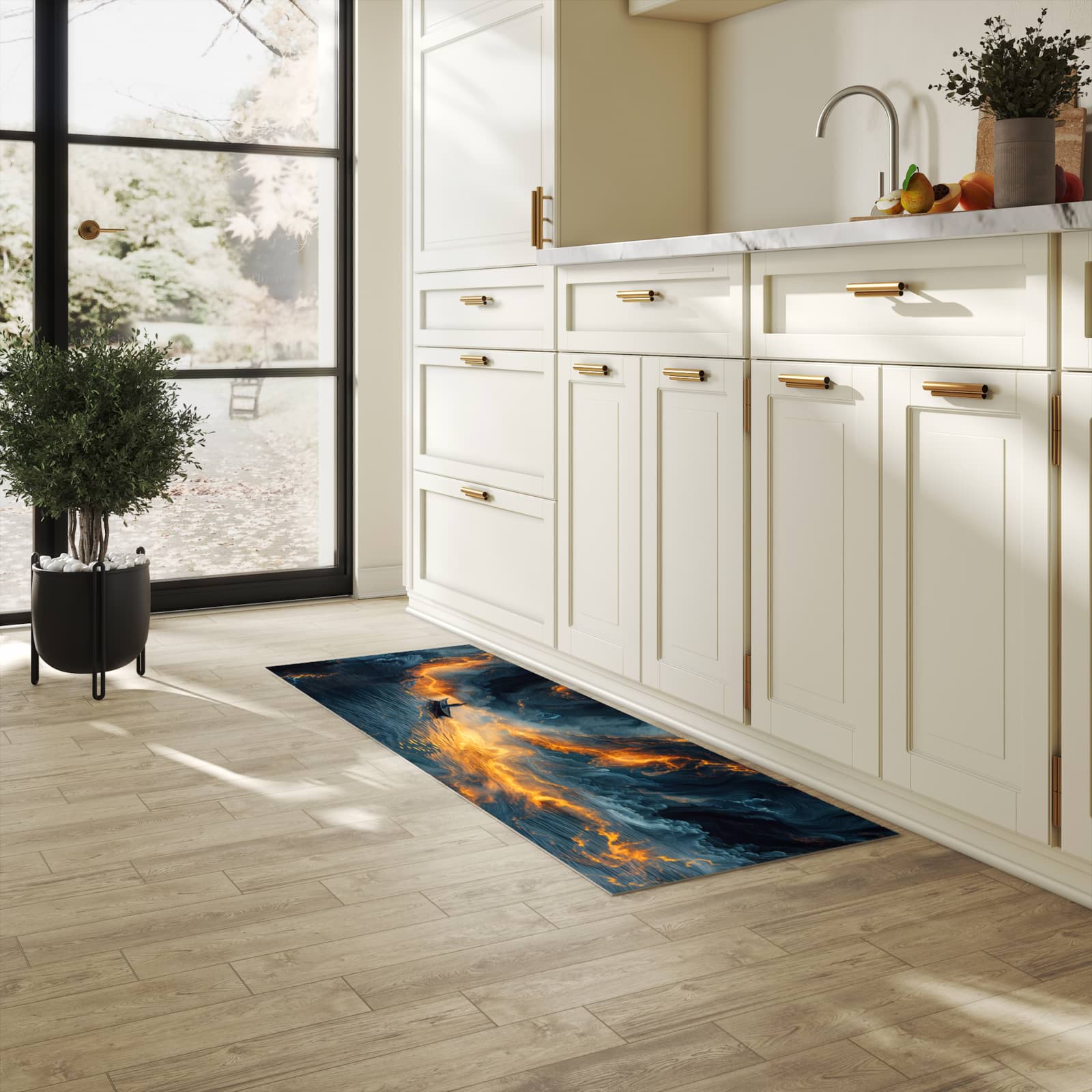 Komfortabler abwaschbarer Küchenteppich mit Motiv Feuer und Wasser in heller Küche