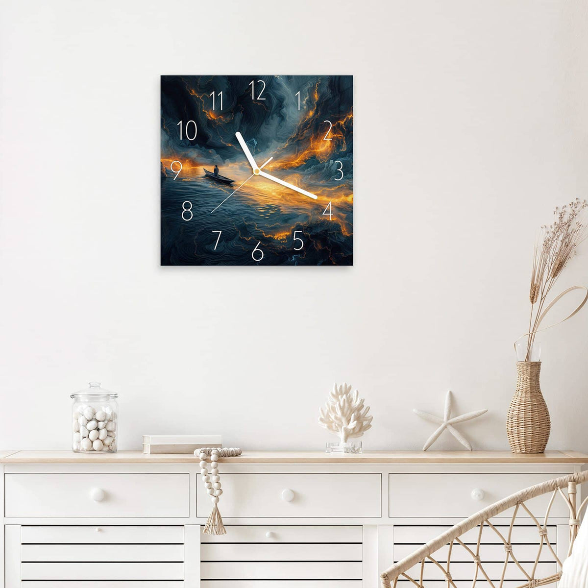 Wanduhr Ruderboot im Feuermeer aus Glas – Quadratisch 30 × 30 cm – Ruderboot zwischen Lava und Meer