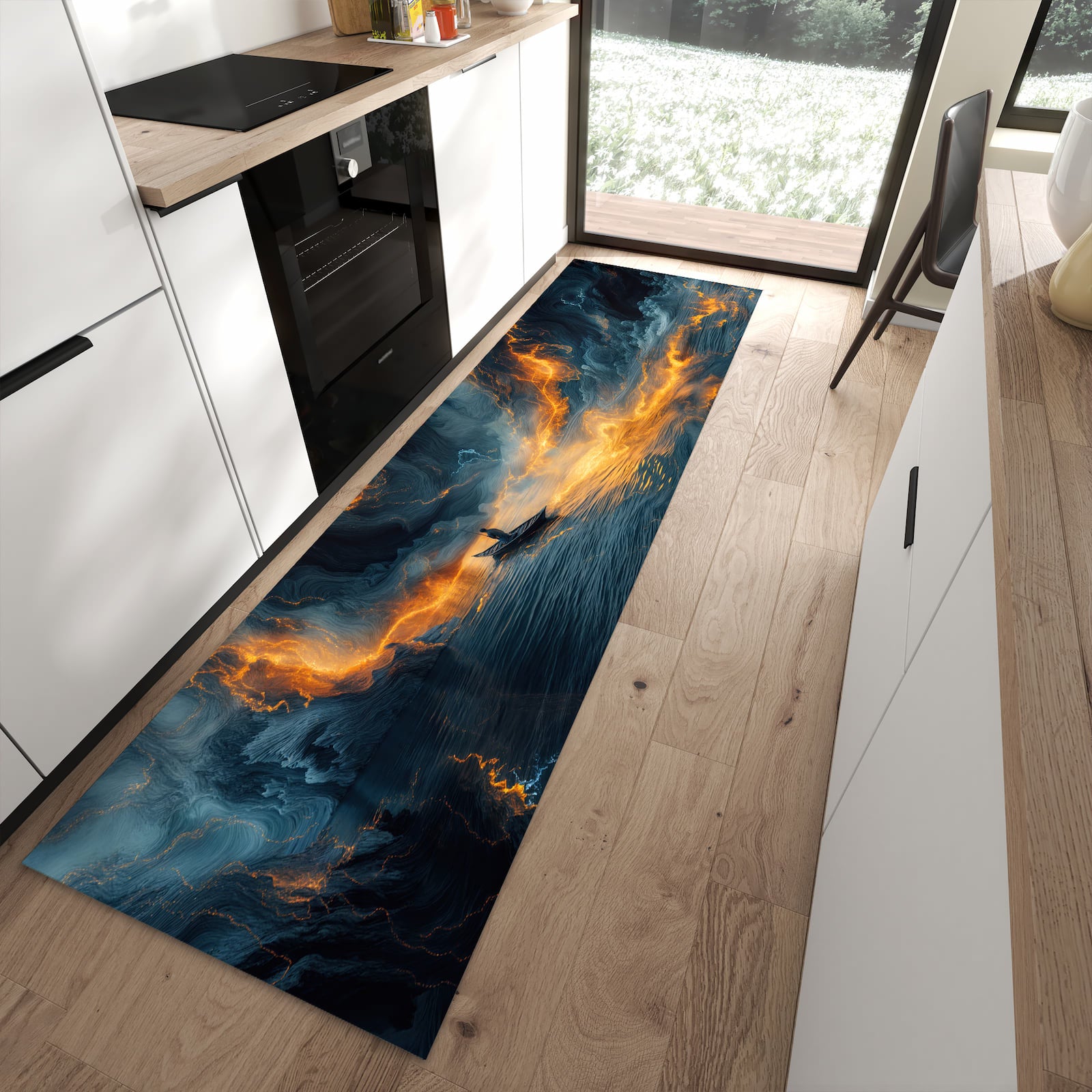 Fleckenresistenter Küchenteppich mit Motiv Feuer und Wasser in moderner Küche