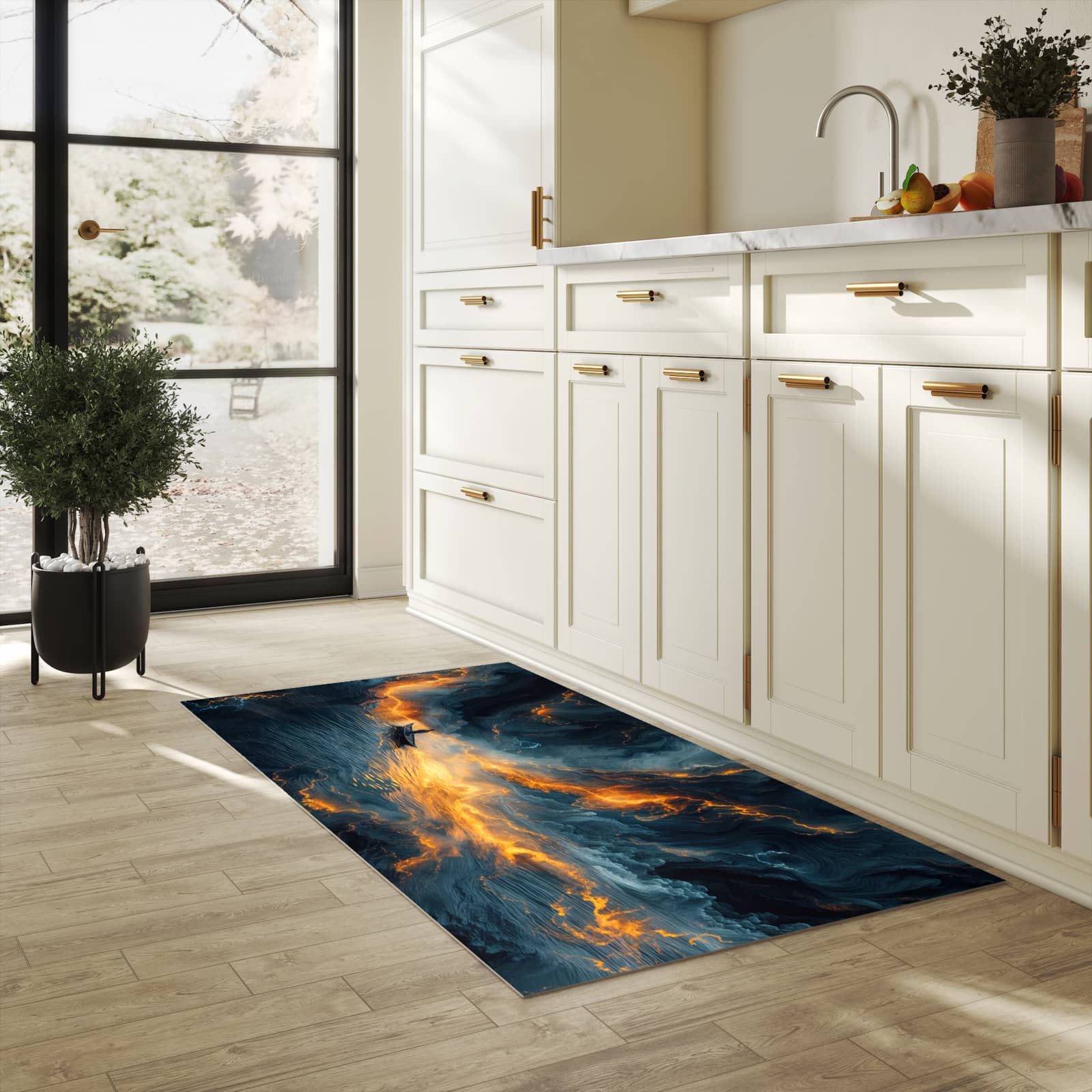 Abriebfester Läufer für die Küche mit Motiv Feuer und Wasser in heller Küche