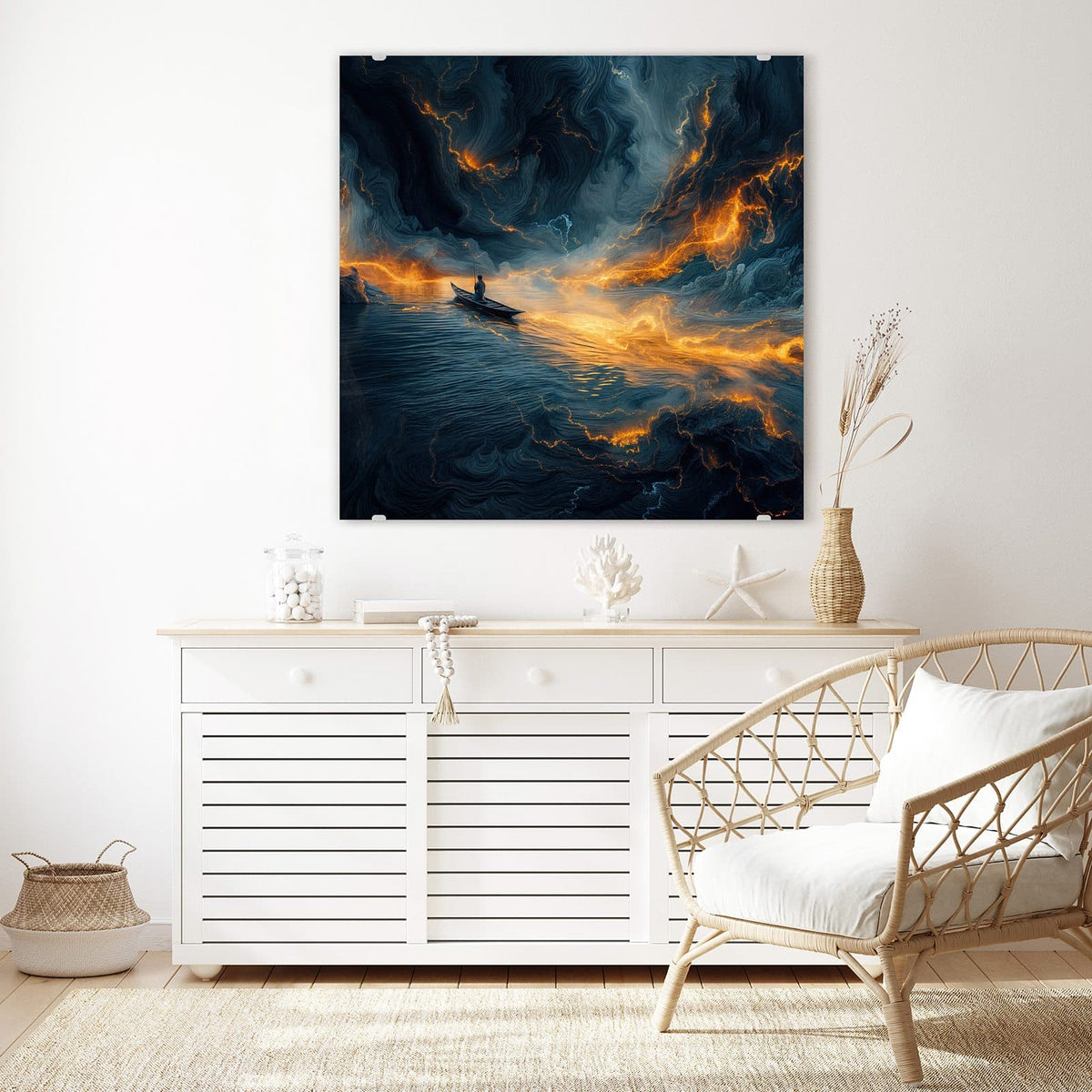 Glasbild Ruderboot im Feuermeer an der Wand – Ruderboot mit stehender Person auf dunklem Wasser, glutorange leuchtende Lavaströme in Wasser und Himmel