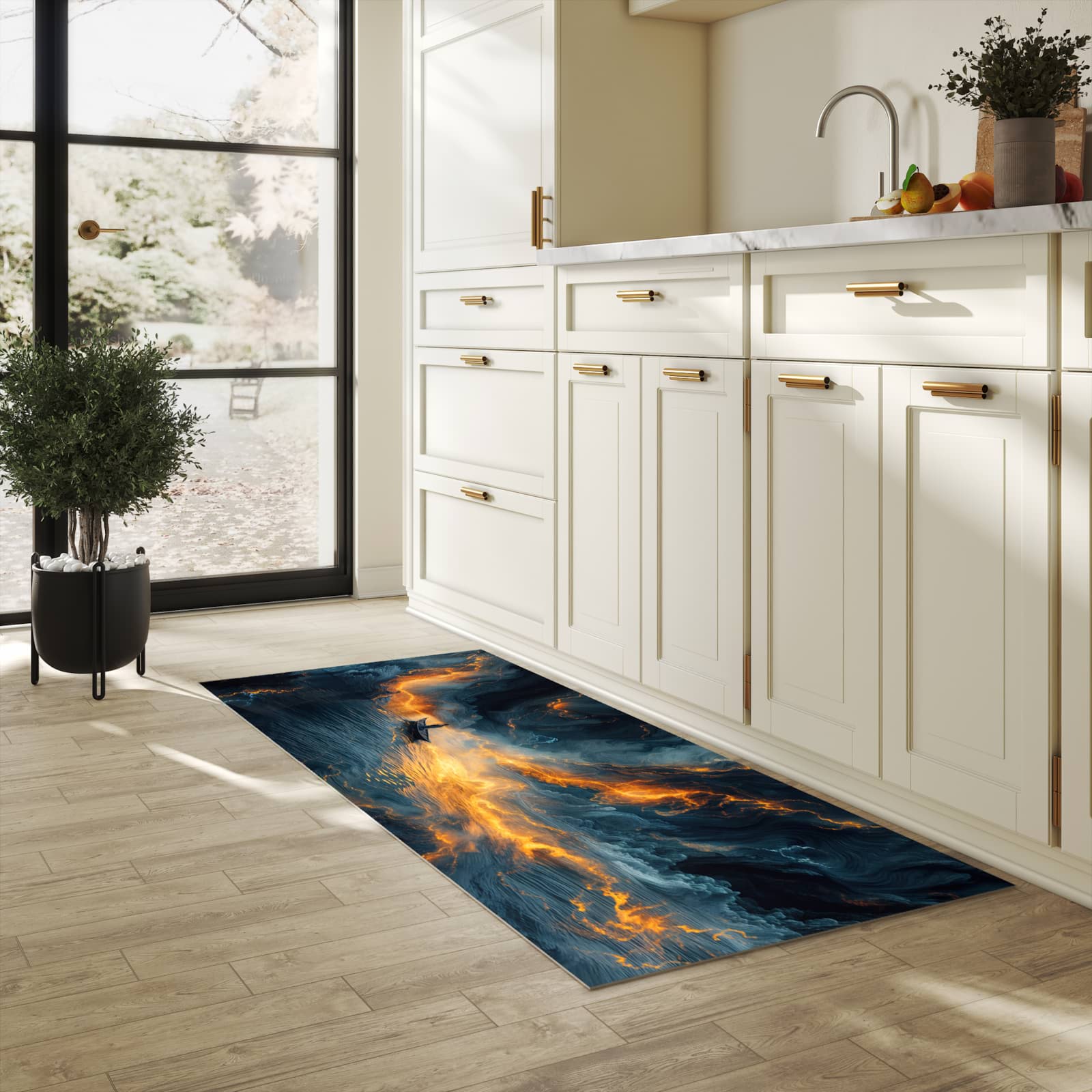 Strapazierfähiger Küchenteppich mit Motiv Feuer und Wasser in heller Küche