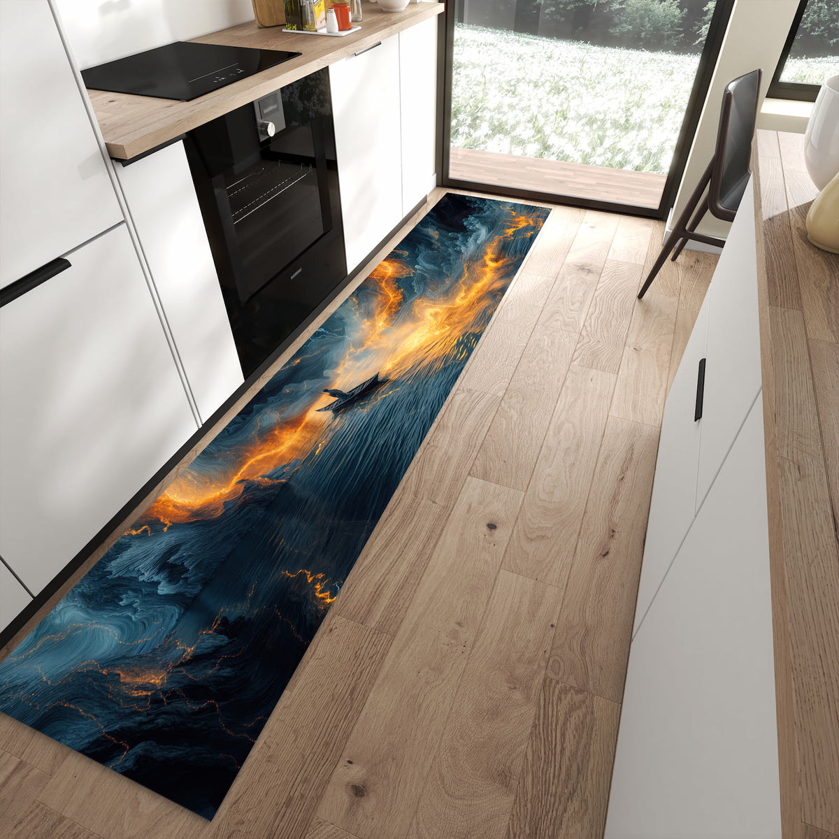 13 Größen – von 60 × 90 bis 80 × 300 cm – Küchenläufer - Ruderboot im Feuermeer