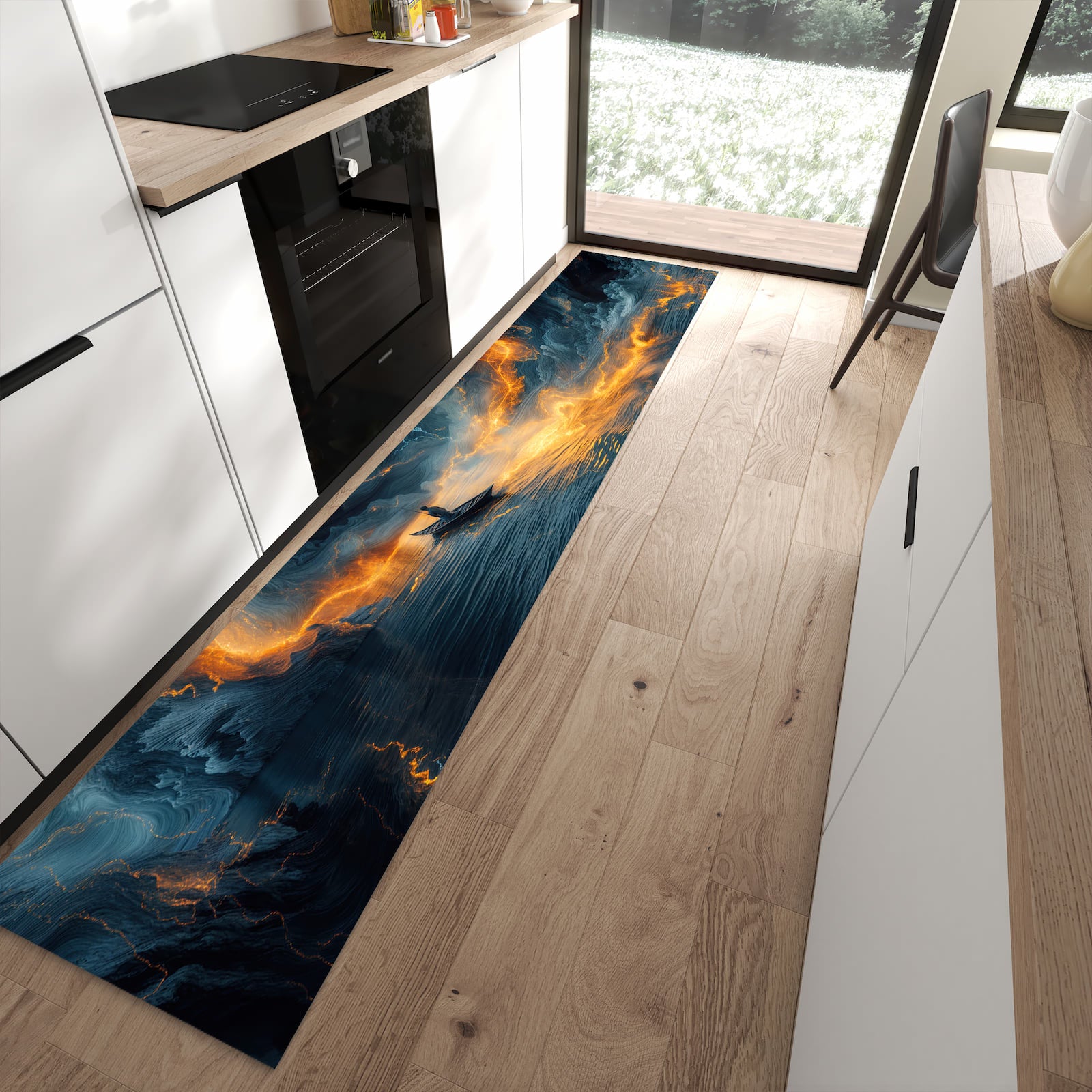 Abriebfester moderner Küchenläufer mit Motiv Feuer und Wasser in moderner Küche