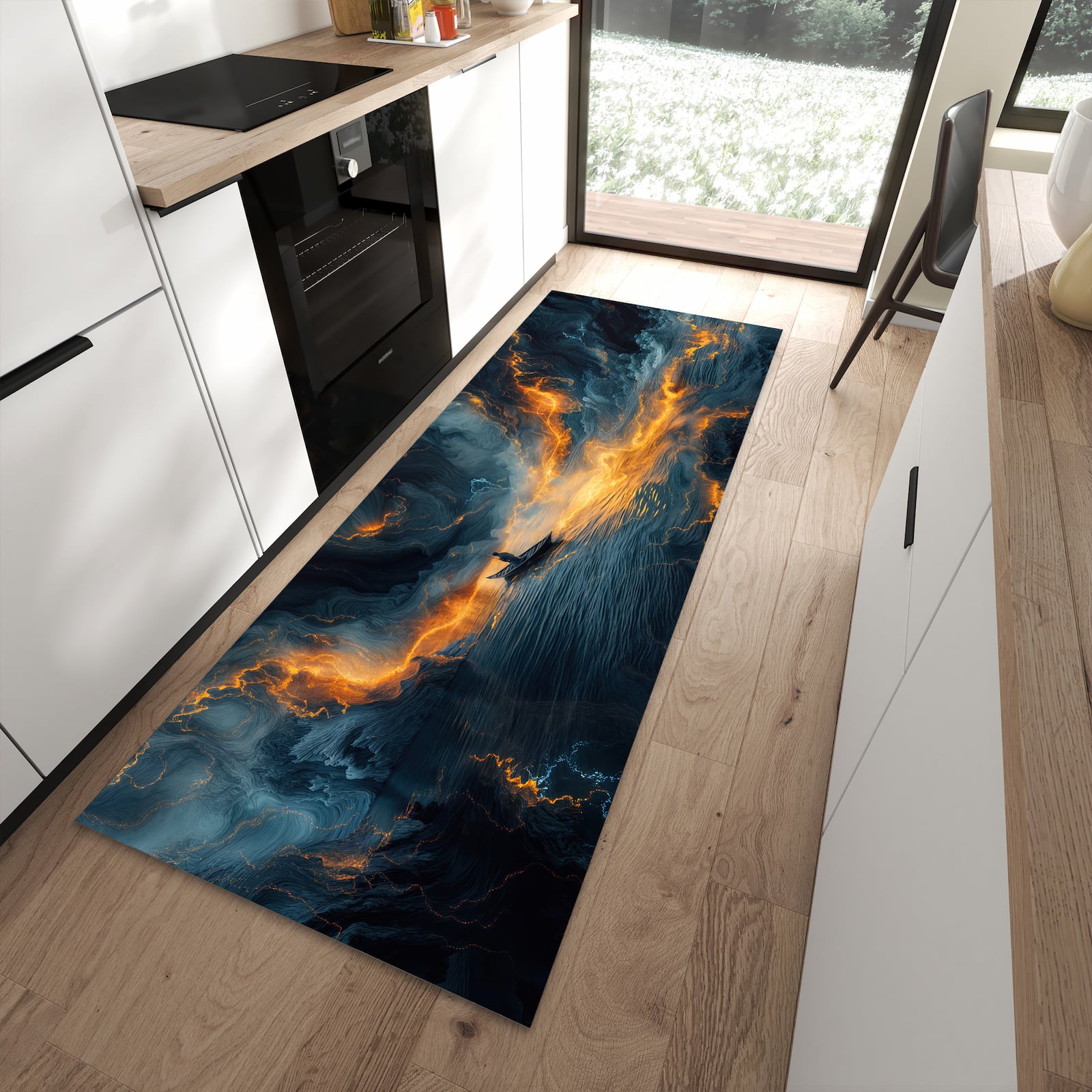 Langlebiger Küchenteppich mit Motiv Feuer und Wasser in moderner Küche