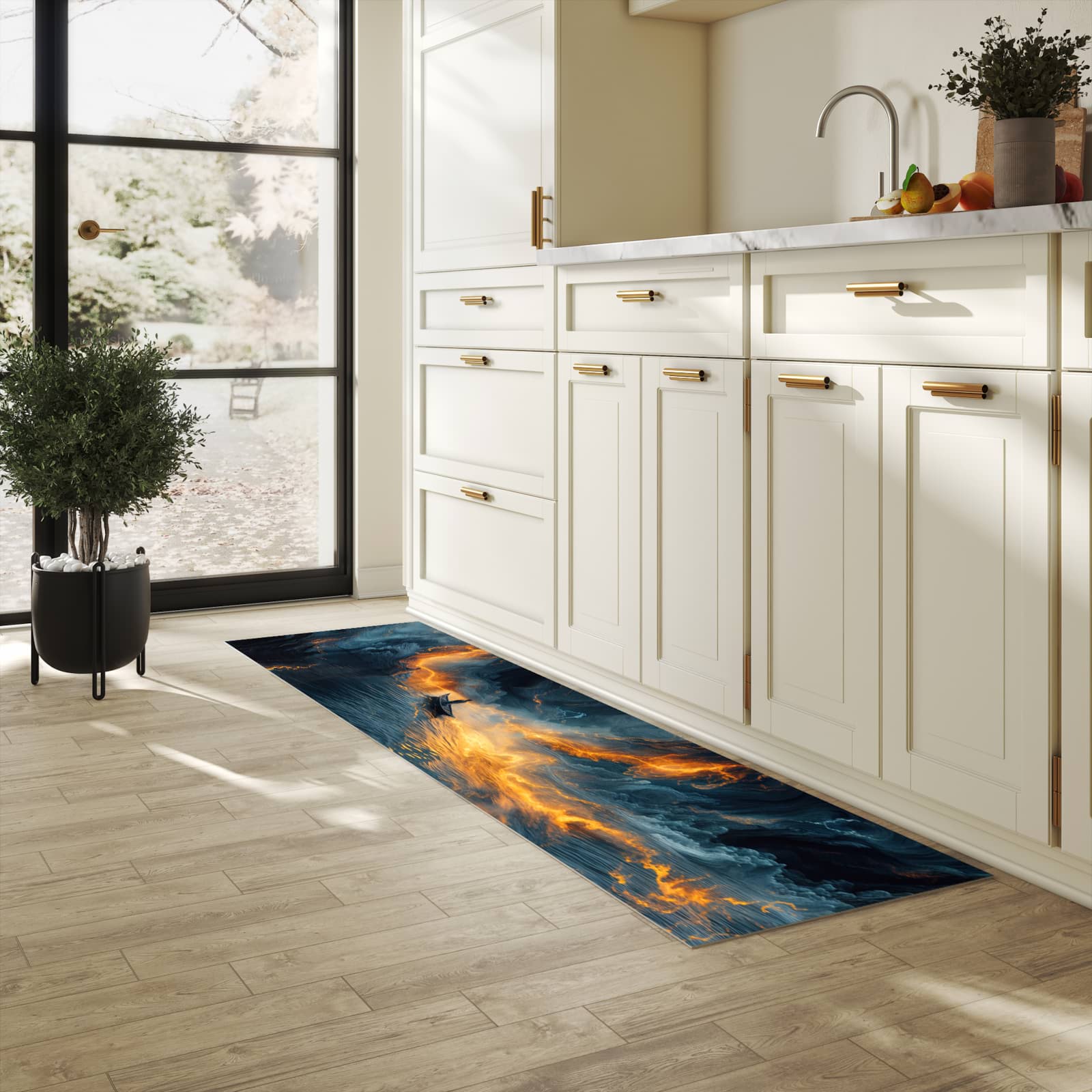 Rutschfester Küchenläufer mit Motiv Feuer und Wasser in heller Küche