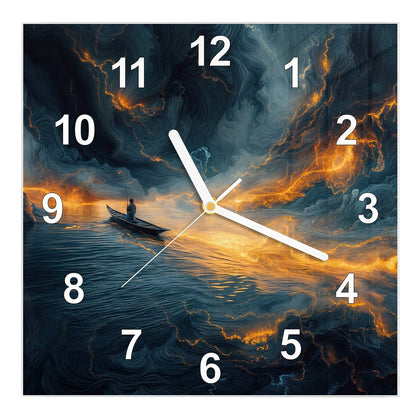 Wanduhr Quadratisch mit dem Motiv Ruderboot im Feuermeer