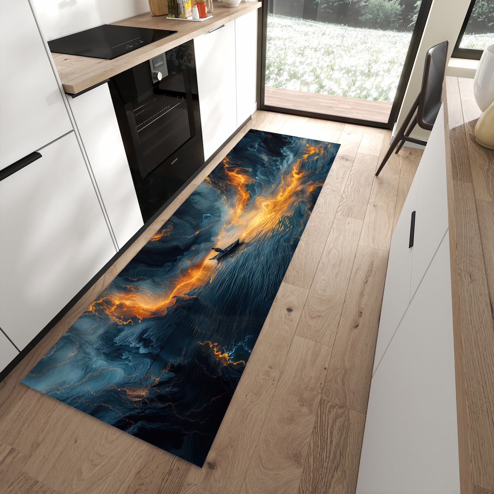 Wasserabweisender Küchenteppich mit Motiv Feuer und Wasser in moderner Küche