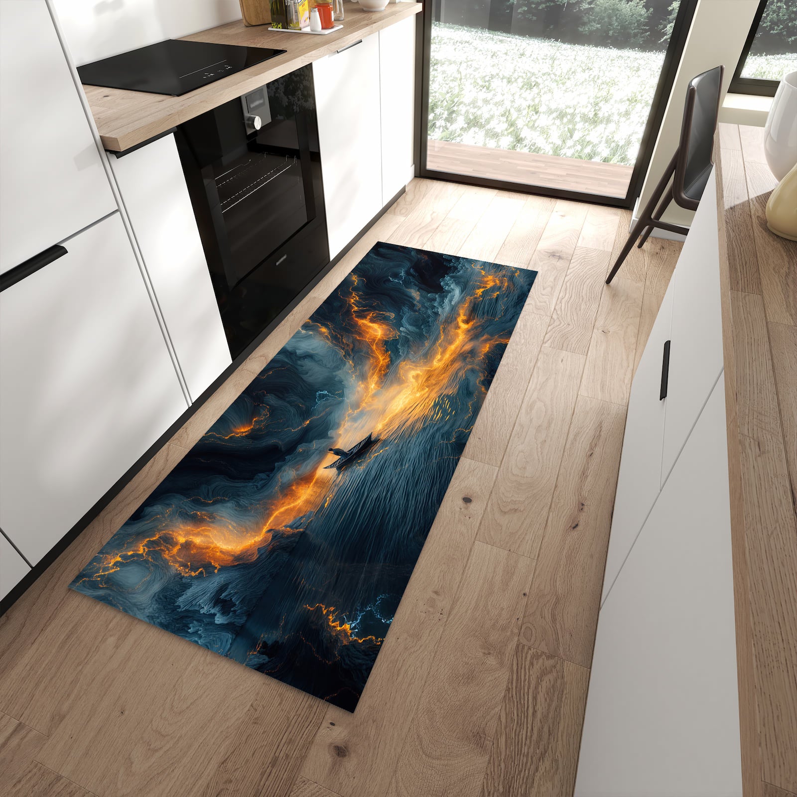 Komfortabler Küchenteppich mit Motiv Feuer und Wasser in moderner Küche - abwaschbar