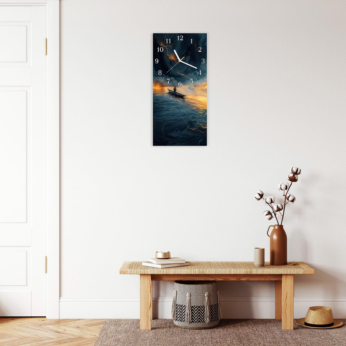 Moderne Wanduhr aus Glas mit Farbtiefe – Wanduhr Feuer und Wasser aus Glas – Hochformat 30 × 60 cm