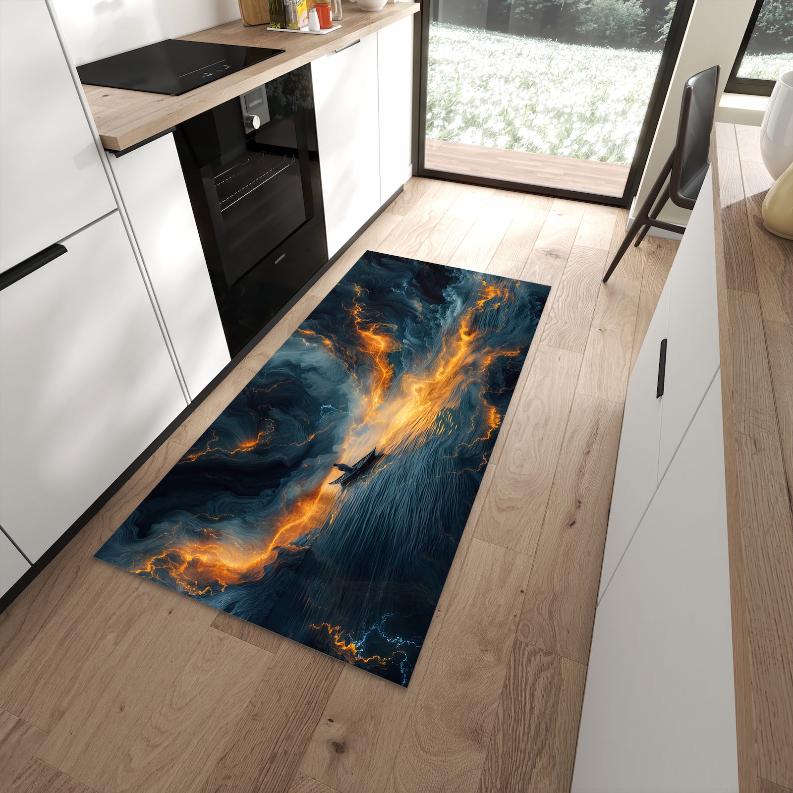 Geruchsneutraler Küchenteppich mit Motiv Feuer und Wasser in moderner Küche