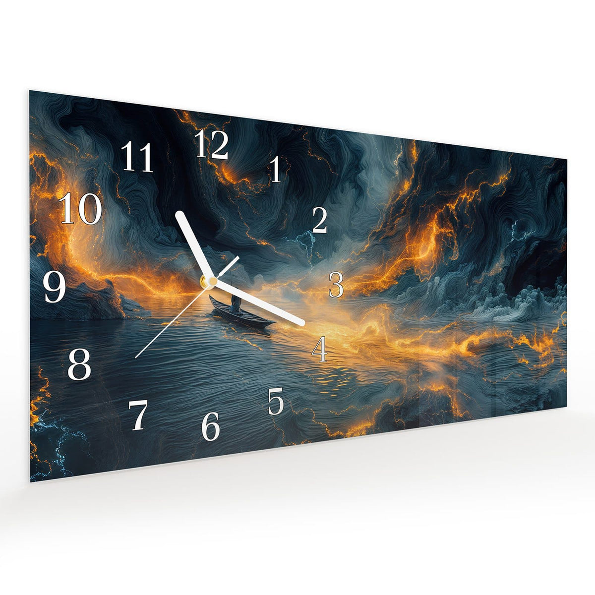 Vormontiert – mit Schwebeeffekt – Wanduhr Feuer und Wasser aus Glas – Querformat 60 × 30 cm