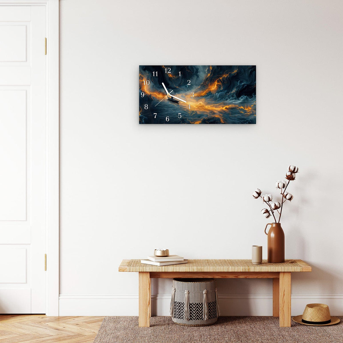 Moderne Wanduhr aus Glas mit Farbtiefe – Wanduhr Feuer und Wasser aus Glas – Querformat 60 × 30 cm