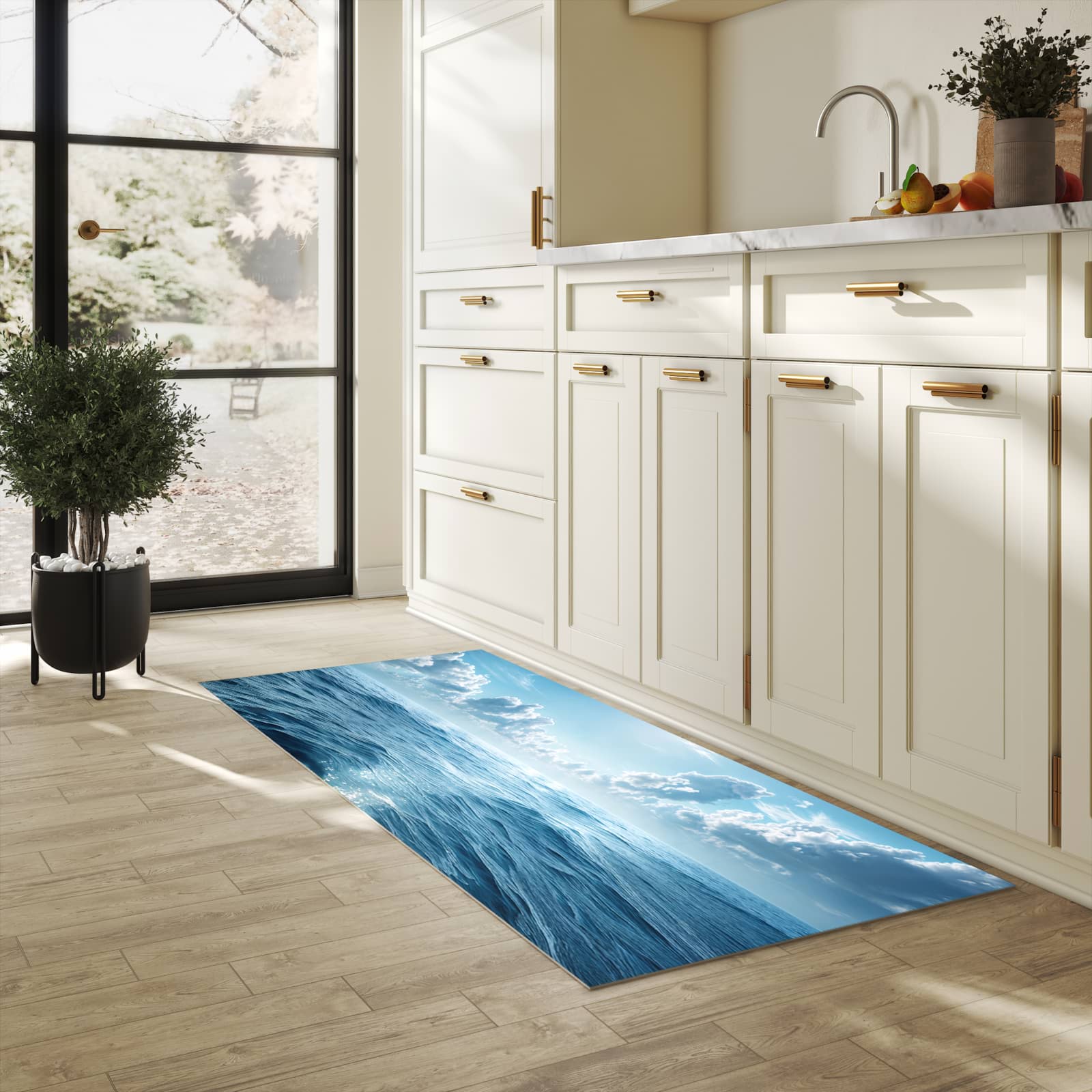 Rutschfester Küchenläufer mit Motiv Meerblick für Trittkomfort in heller Küche
