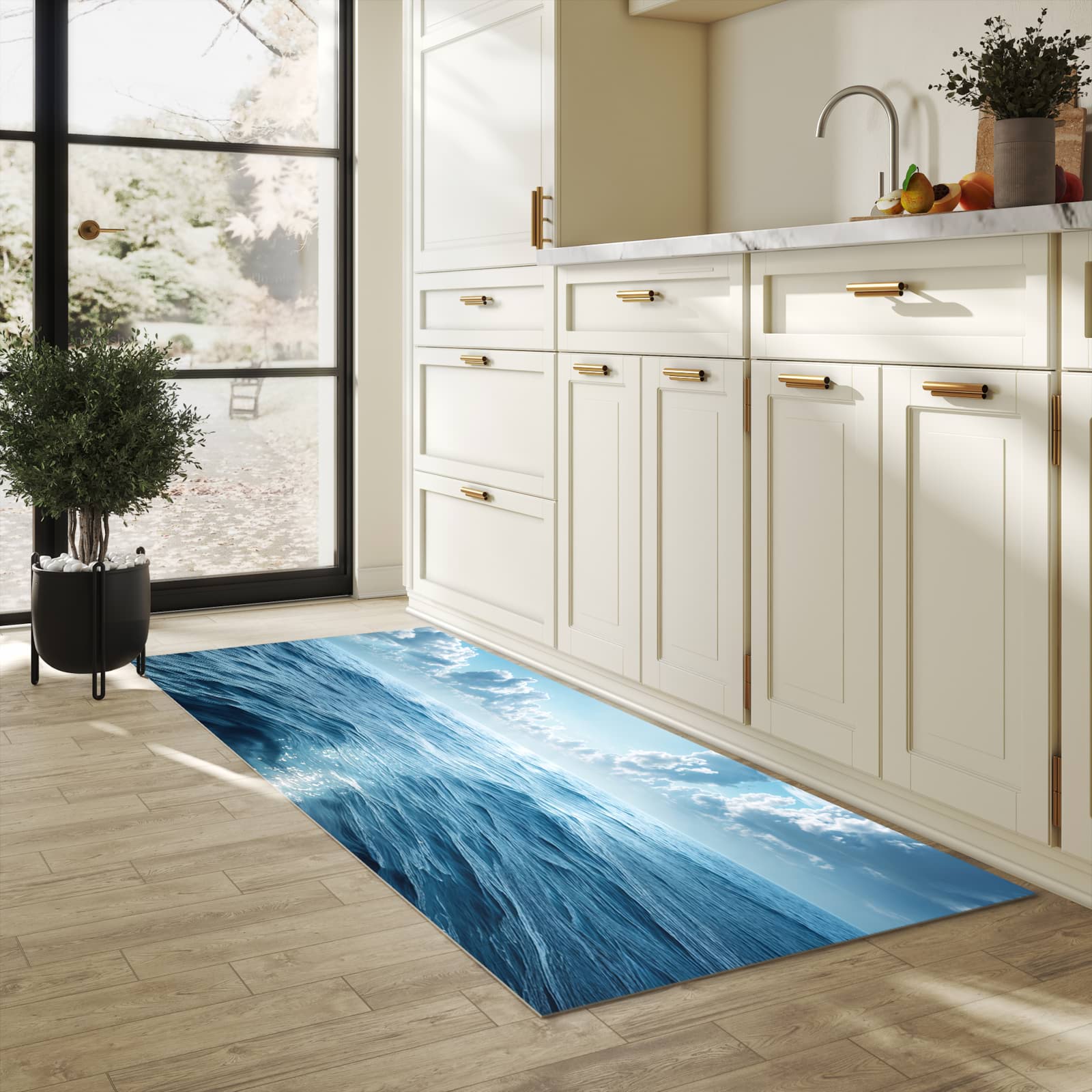 Langlebiger, waschbarer Küchenläufer mit Motiv Meerblick in heller Küche