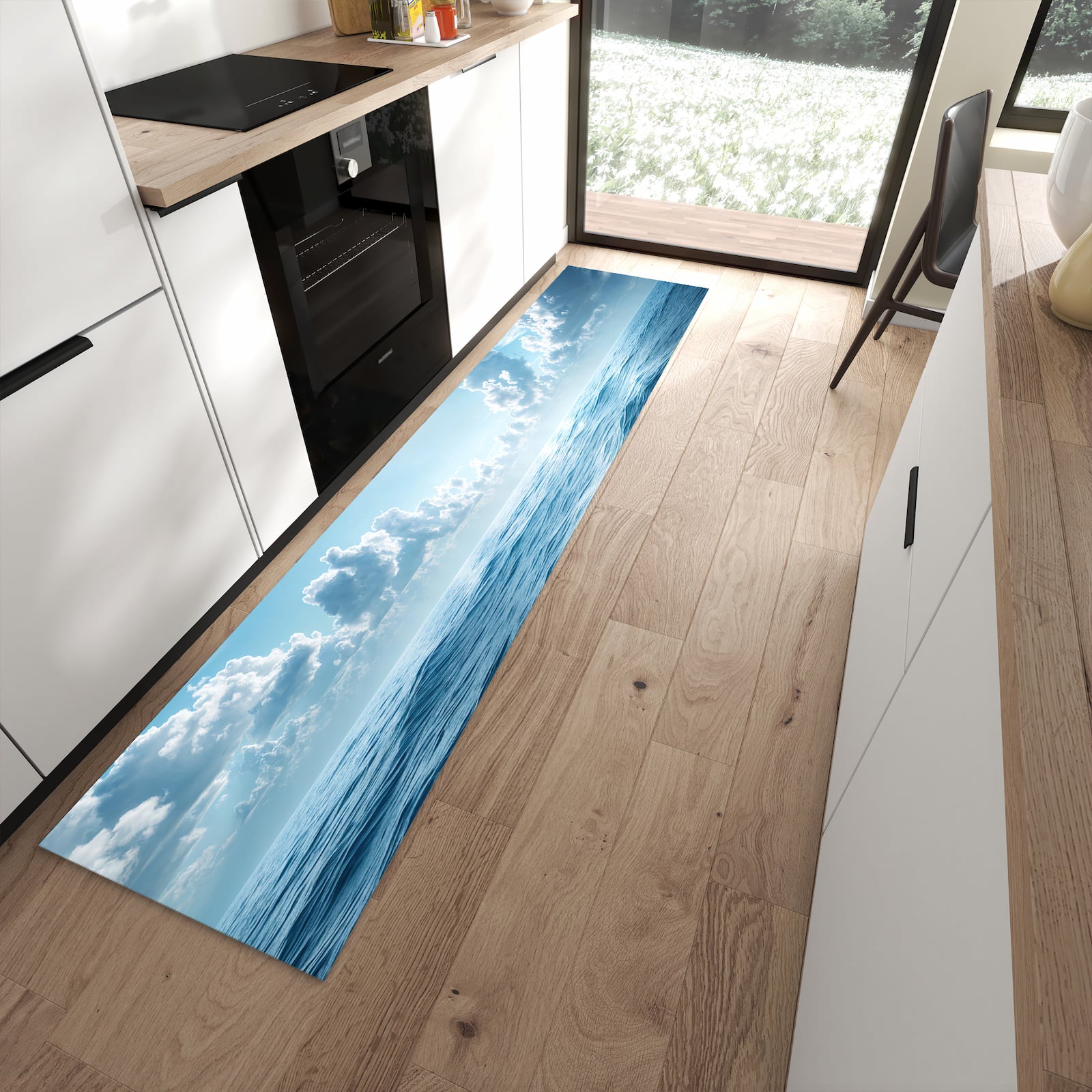 Hygienischer großer Küchenteppich mit Motiv Meerblick in moderner Küche
