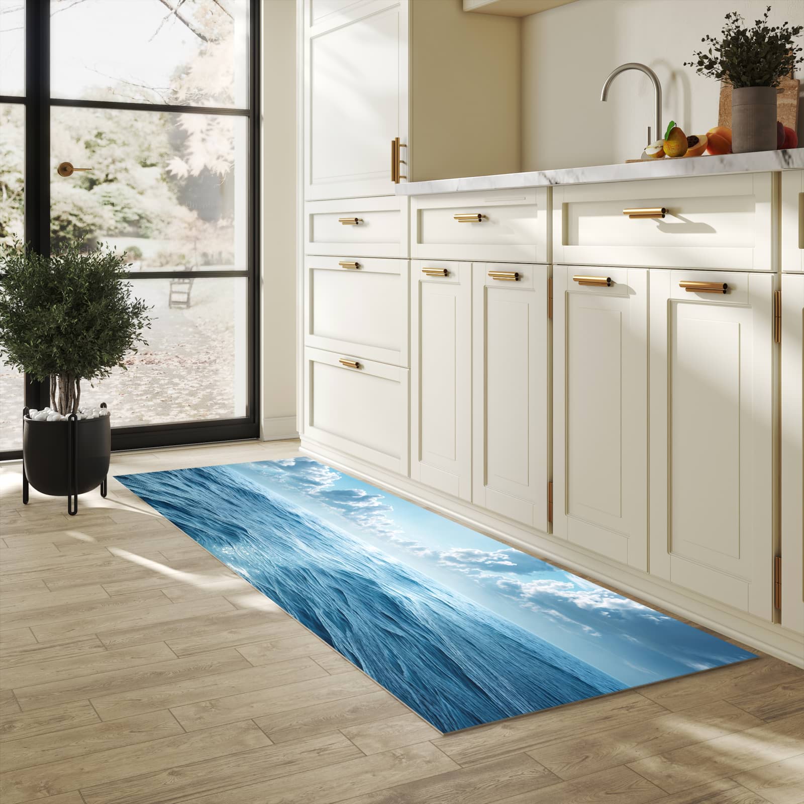 Wasserabweisender waschbarer Küchenläufer mit Motiv Meerblick in heller Küche
