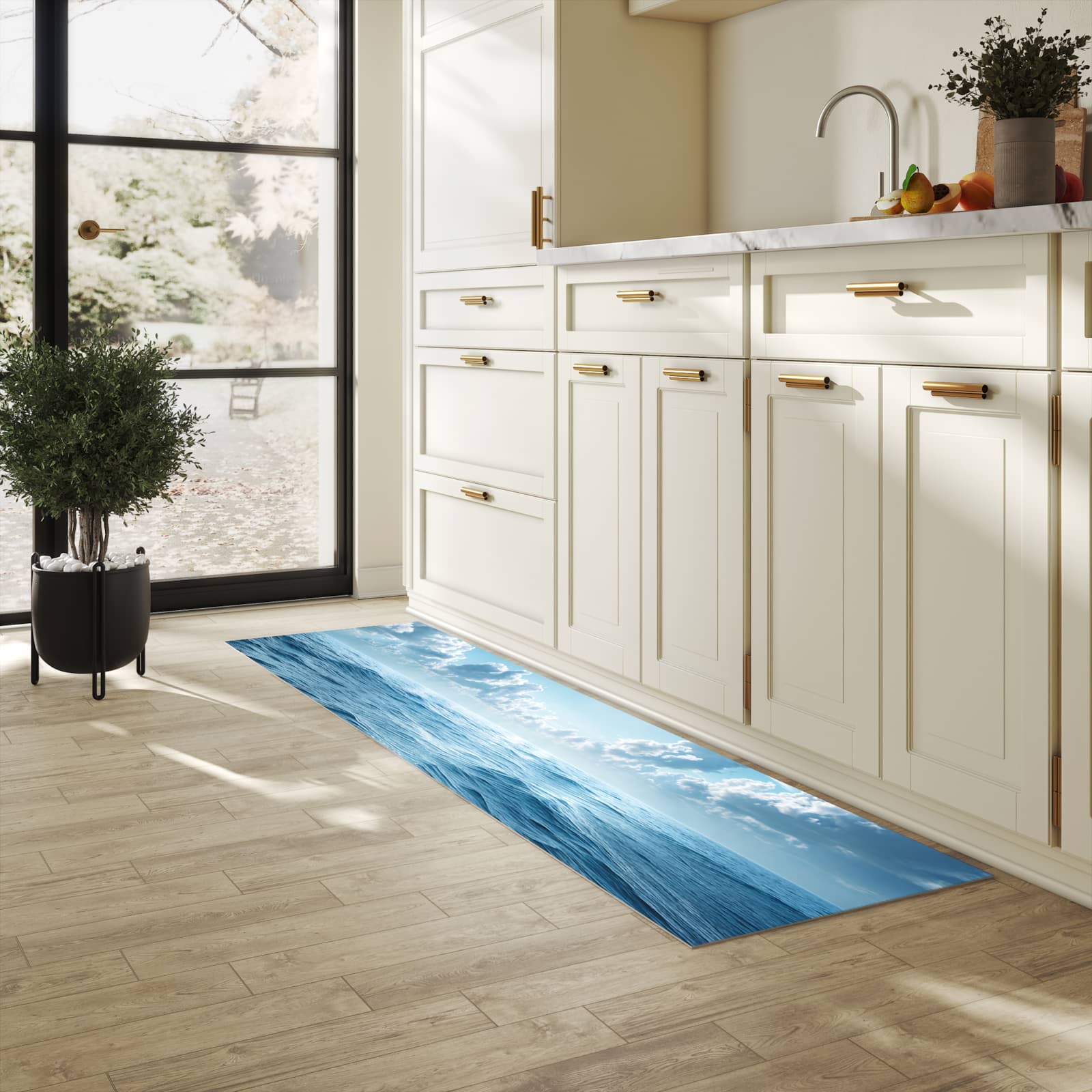 Zeitsparender Küchenläufer mit Motiv Meerblick in heller Küche