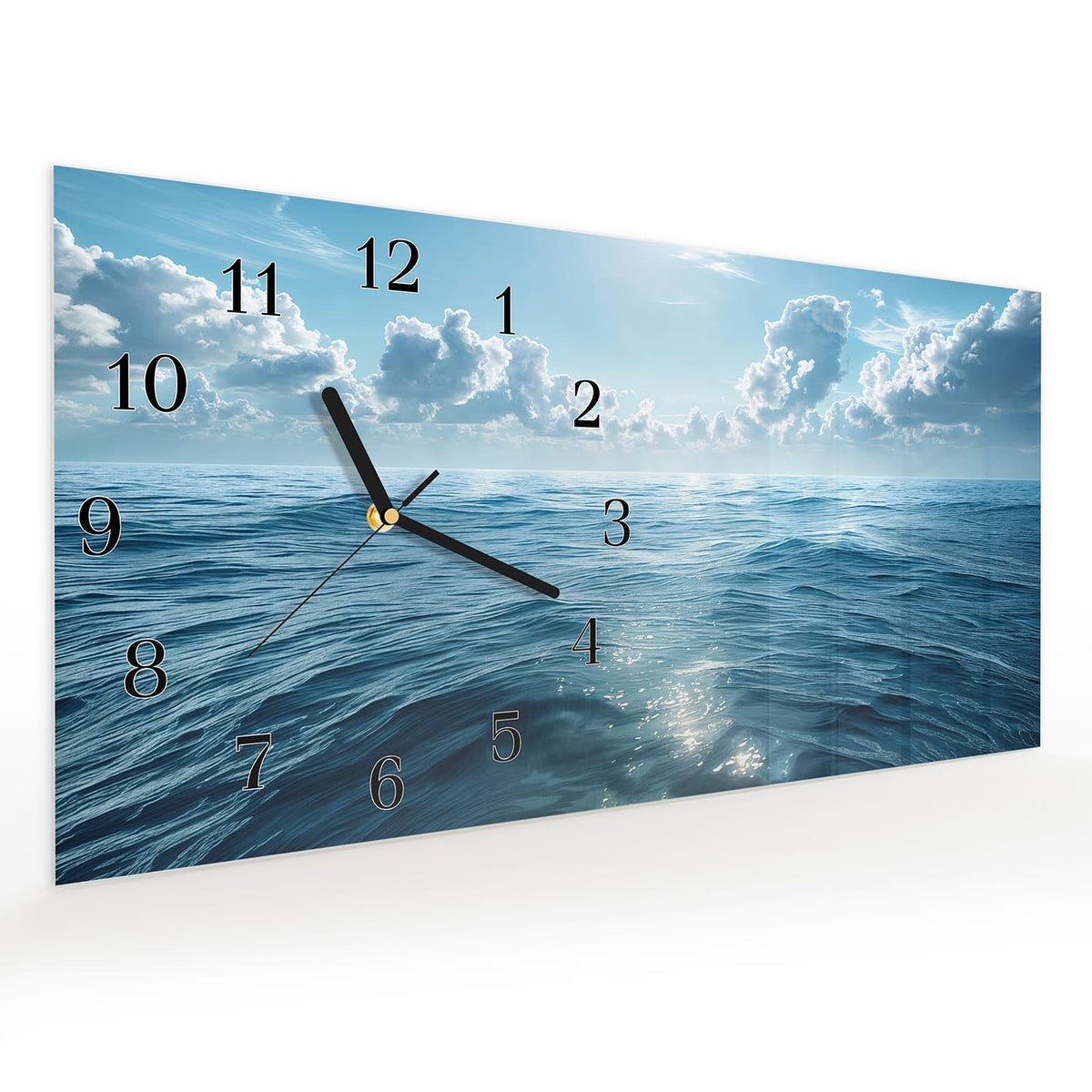 Vormontiert – mit Schwebeeffekt – Wanduhr Meerblick aus Glas – Querformat 60 × 30 cm