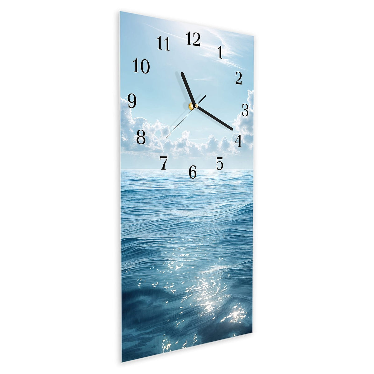 Vormontiert – mit Schwebeeffekt – Wanduhr Meerblick aus Glas – Hochformat 30 × 60 cm