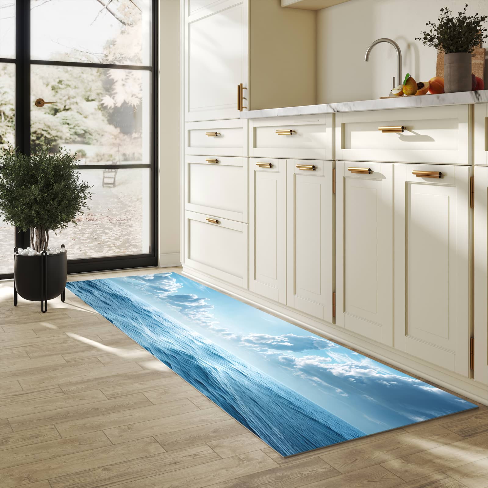 Fleckenresistenter rutschfester Küchenläufer mit Motiv Meerblick in heller Küche