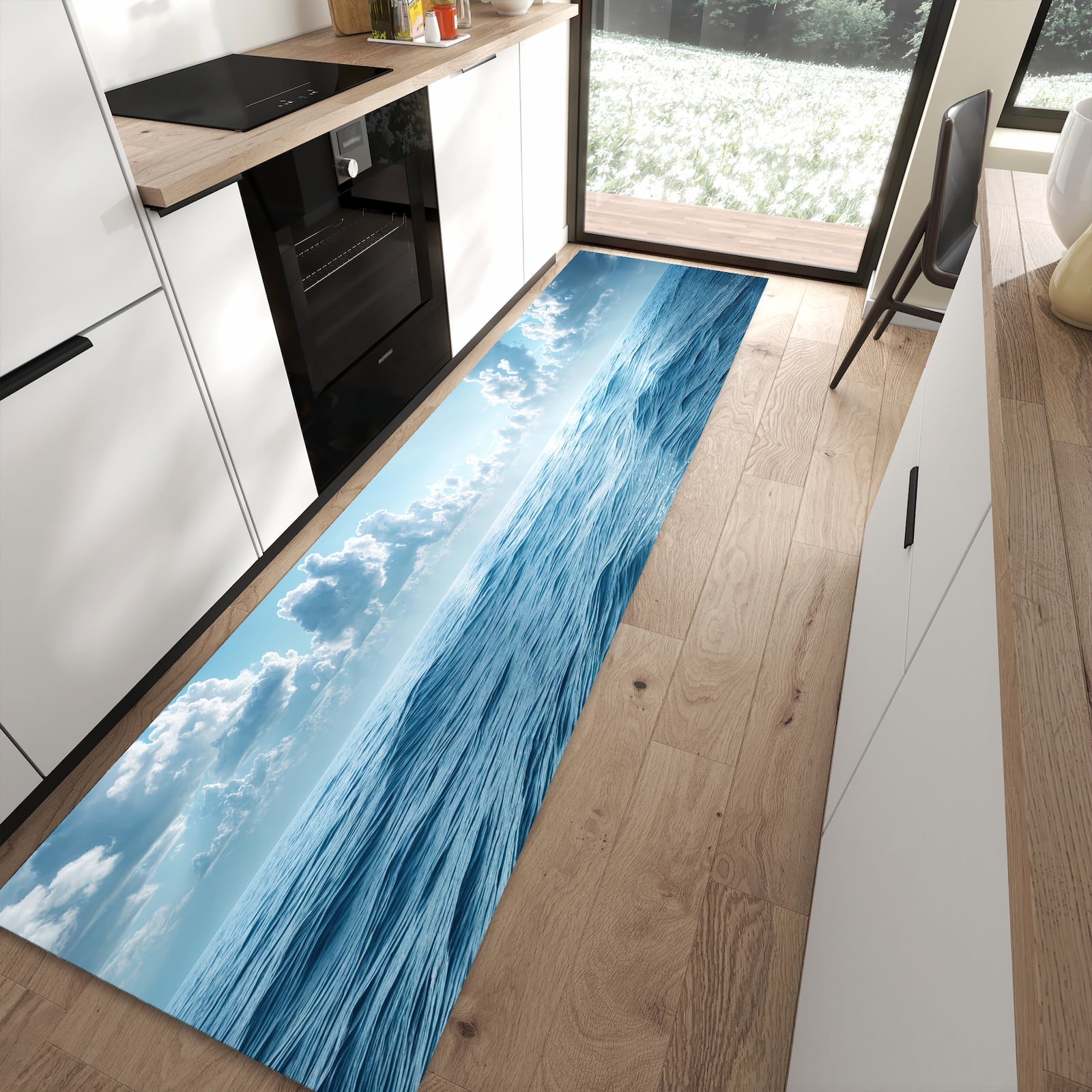 Rutschfester Küchenläufer mit Motiv Meerblick schützt Böden in moderner Küche