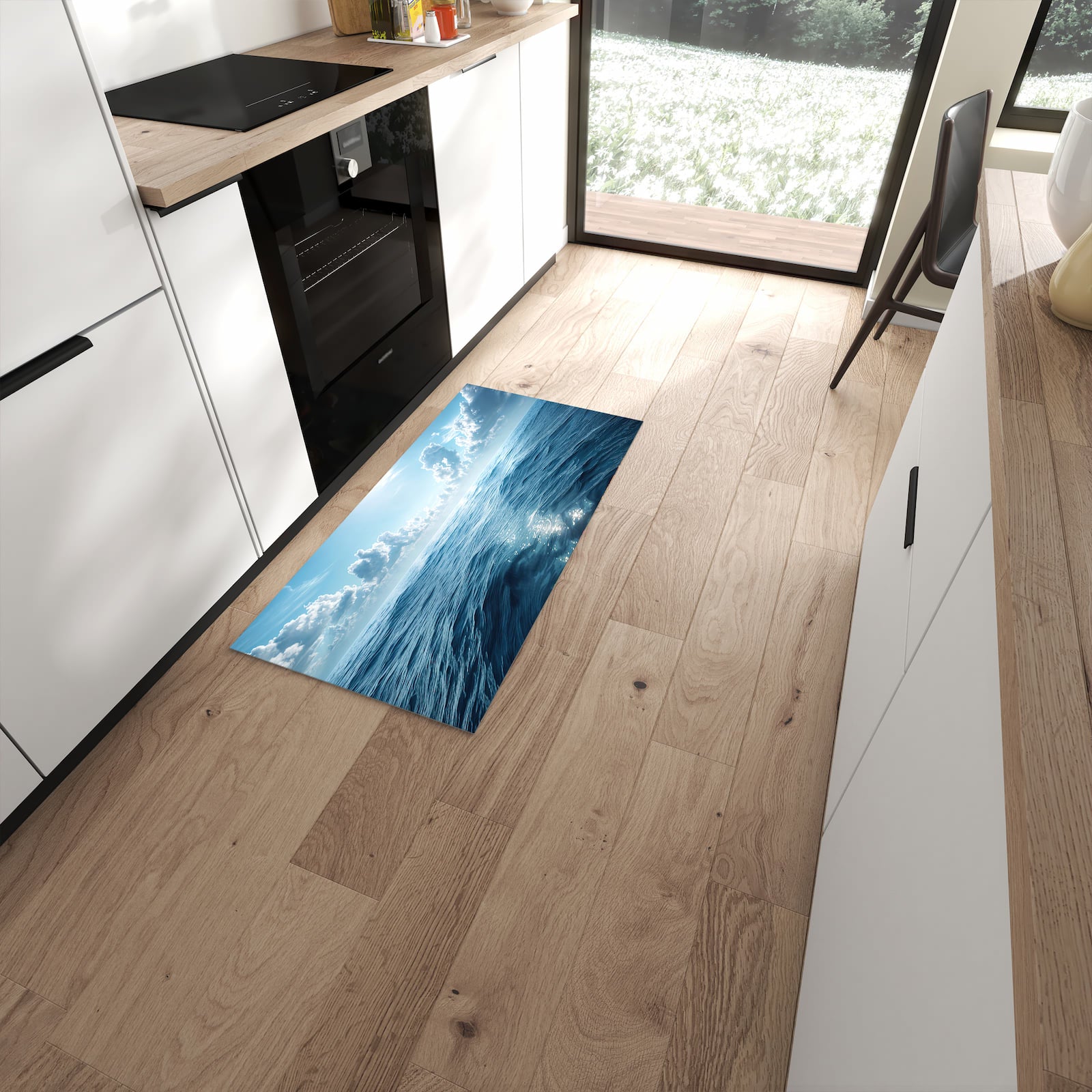 Komfortabler rutschfester Küchenteppich mit Motiv Meerblick in moderner Küche #grösse_60 x 120 cm