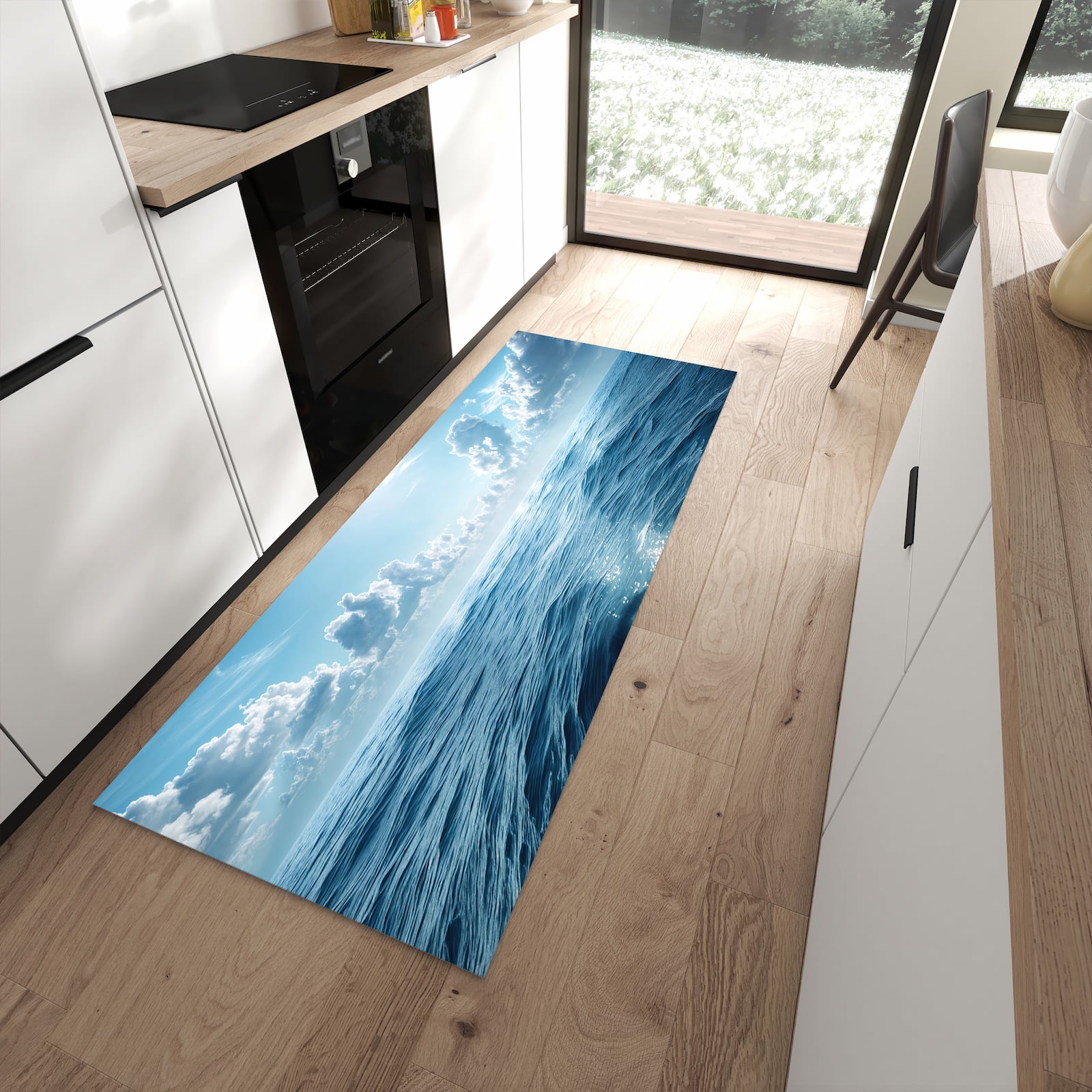 Langlebiger Küchenläufer mit Motiv Meerblick in moderner Küche