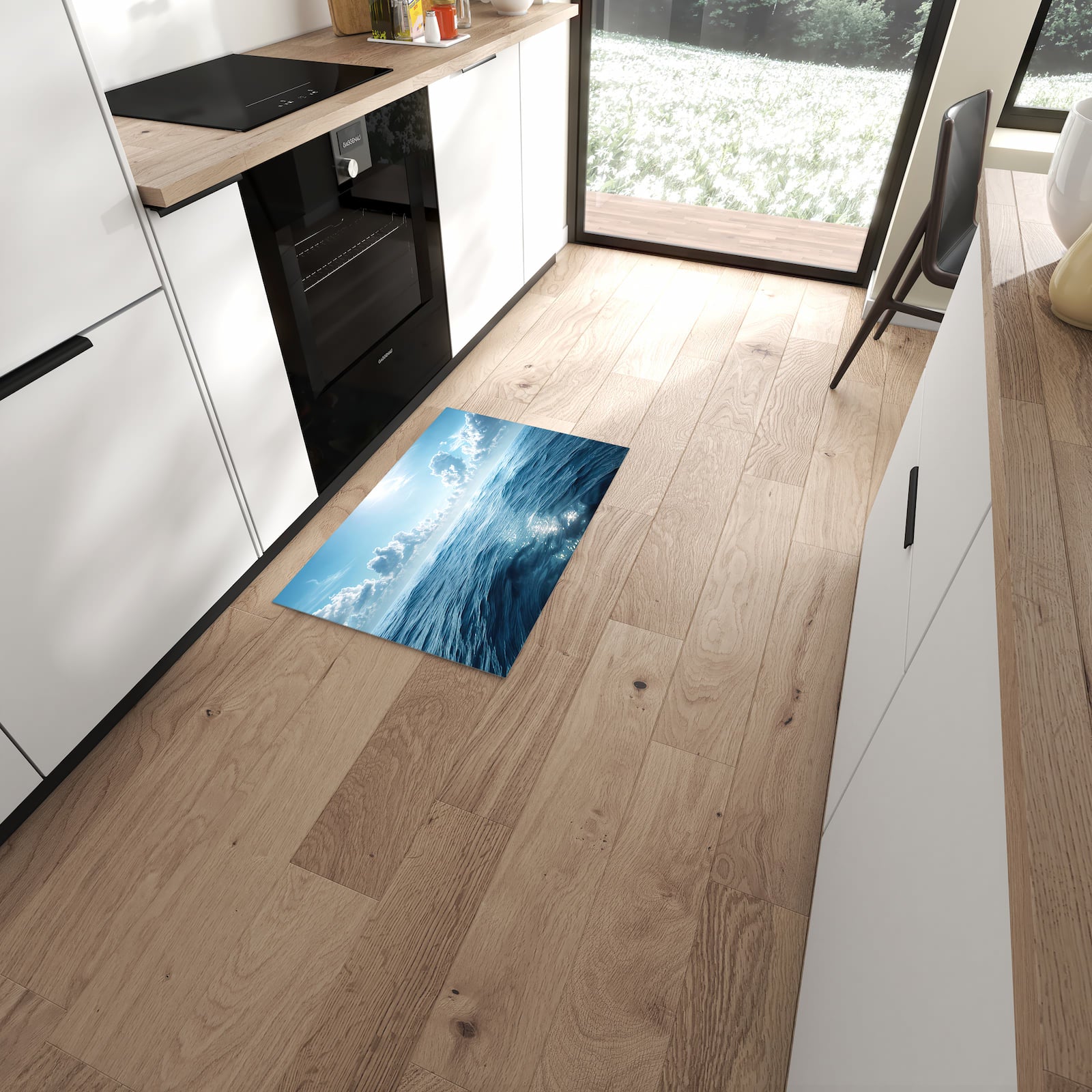 Waschbarer Küchenteppich mit Motiv Meerblick in moderner Küche