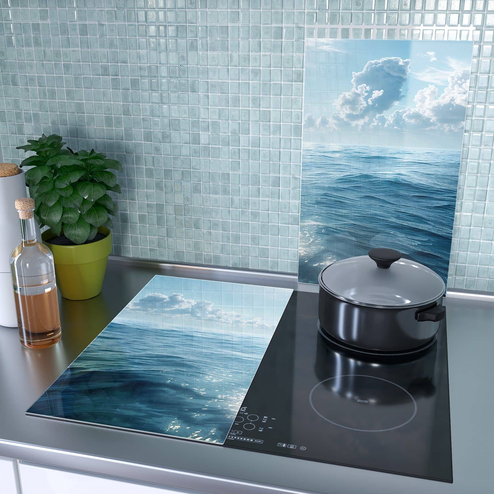 2-teilige Herdabdeckplatten aus Glas mit Meerblick-Motiv als Spritzschutz hinter dem Kochfeld
