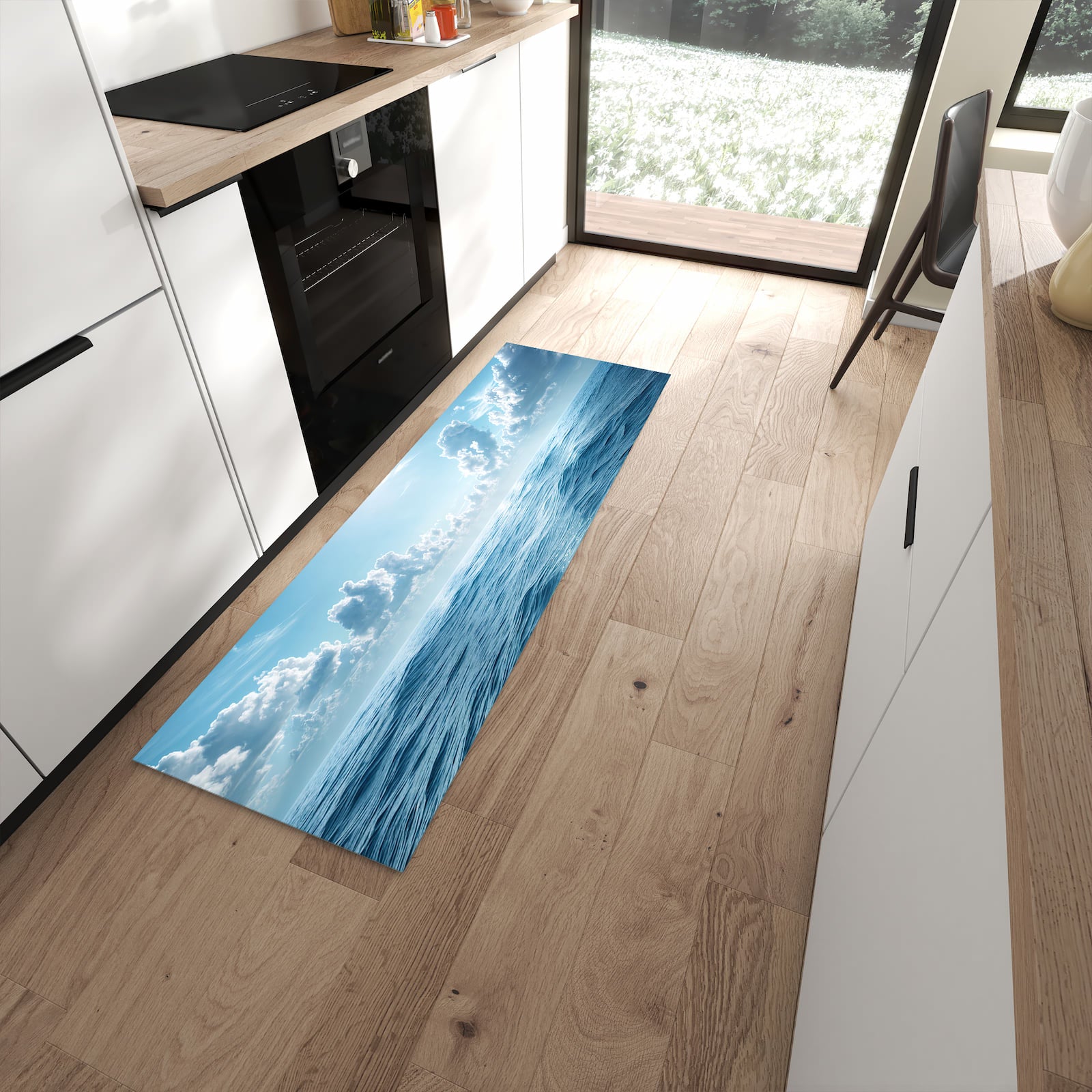 Leicht zu reinigender Küchenteppich mit Motiv Meerblick in moderner Küche