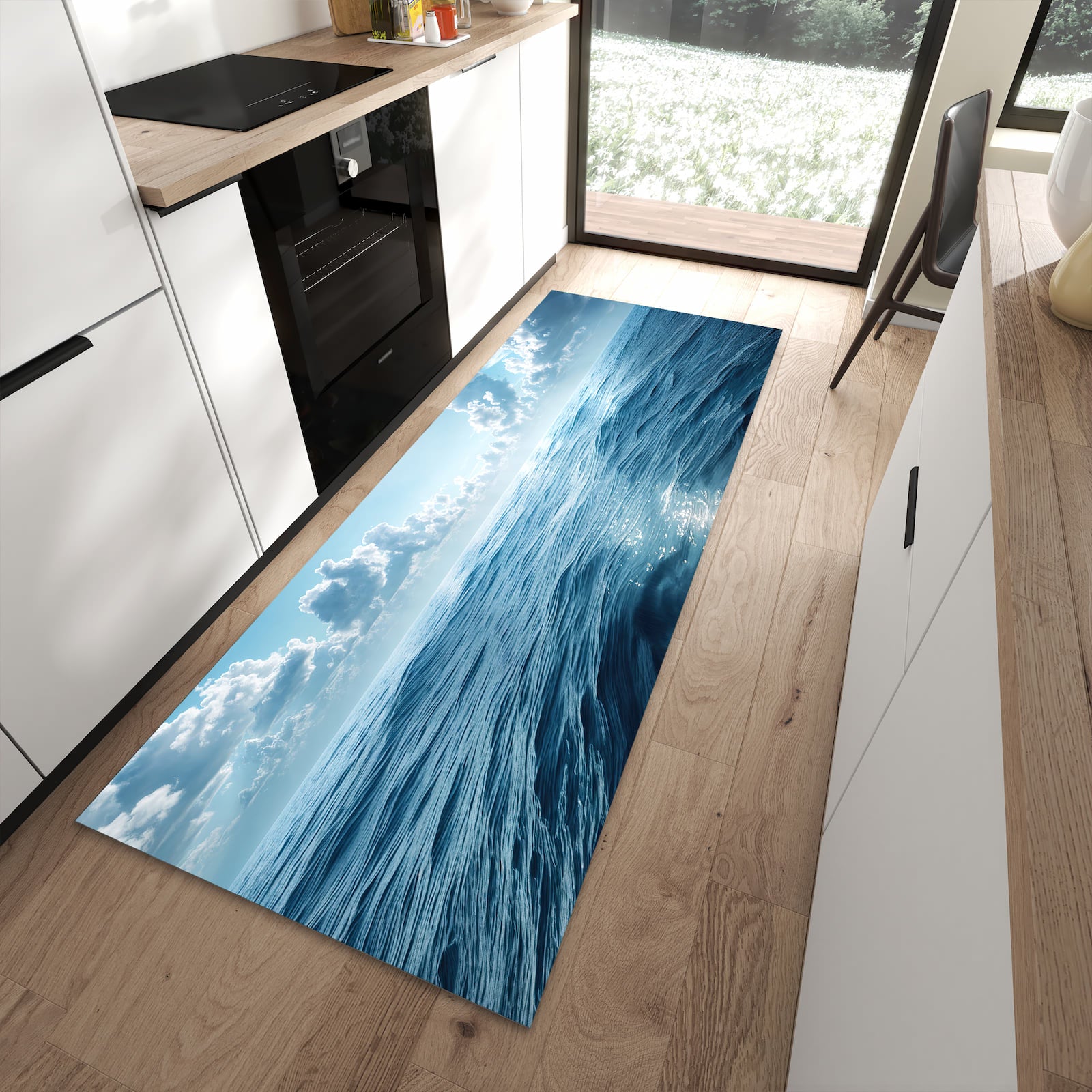 Bodenschonender rutschfester Küchenläufer mit Motiv Meerblick in moderner Küche