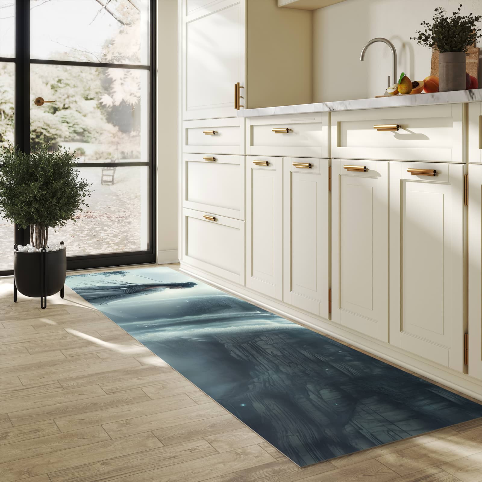 Waschbarer Küchenteppich mit Motiv Frau Am Wasserfall in heller Küche schont den Boden