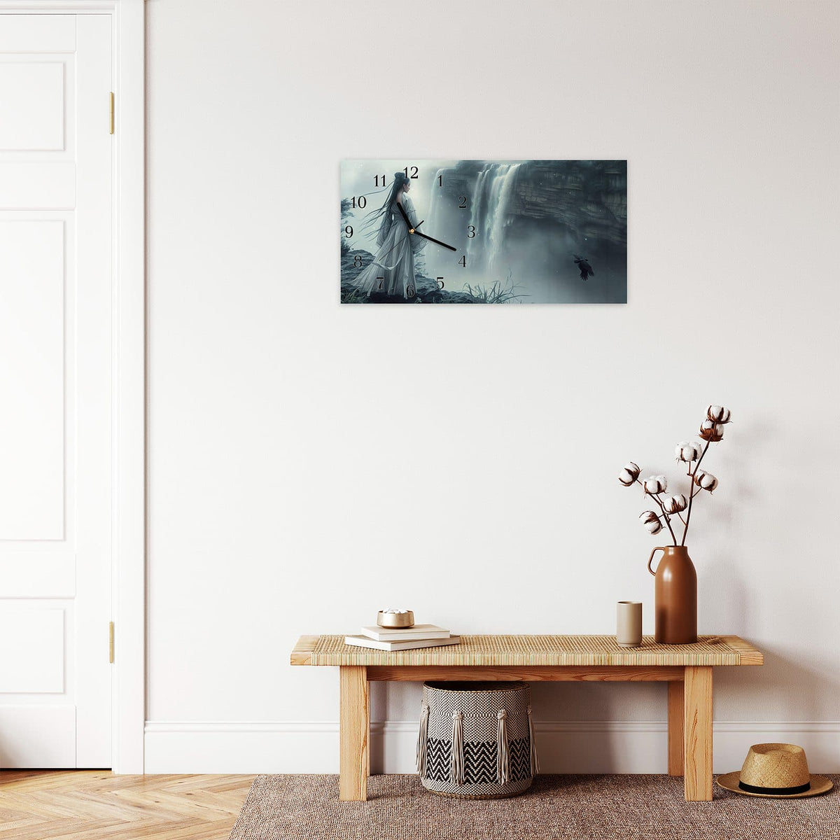 Moderne Wanduhr aus Glas mit Farbtiefe – Wanduhr Frau Am Wasserfall aus Glas – Querformat 60 × 30 cm