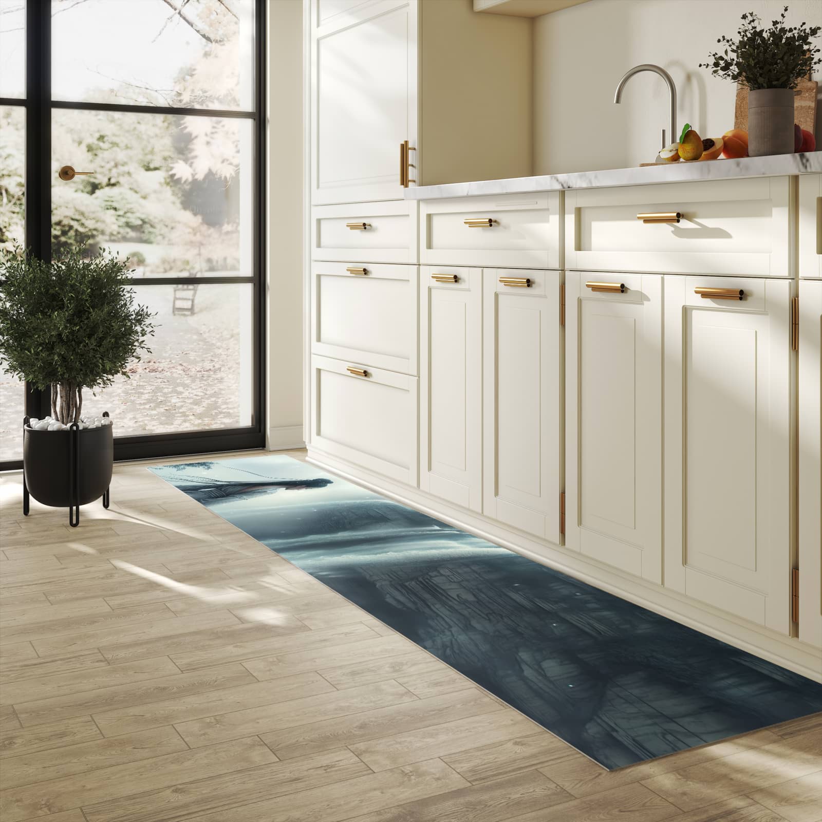 Strapazierfähiger Küchenteppich mit Motiv Frau Am Wasserfall in heller Küche