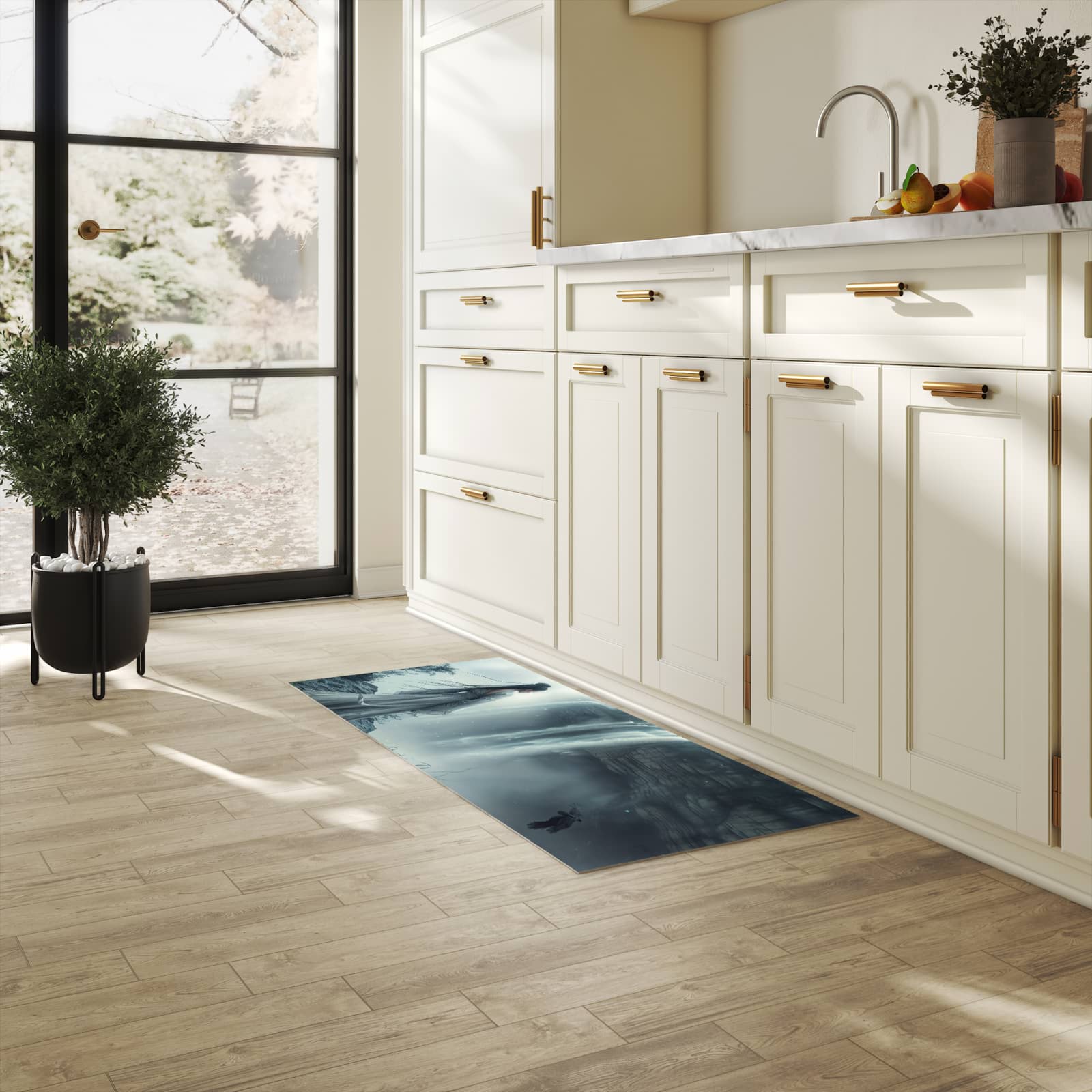 Rutschfester Teppich für Esstisch mit Motiv Frau Am Wasserfall in heller Küche