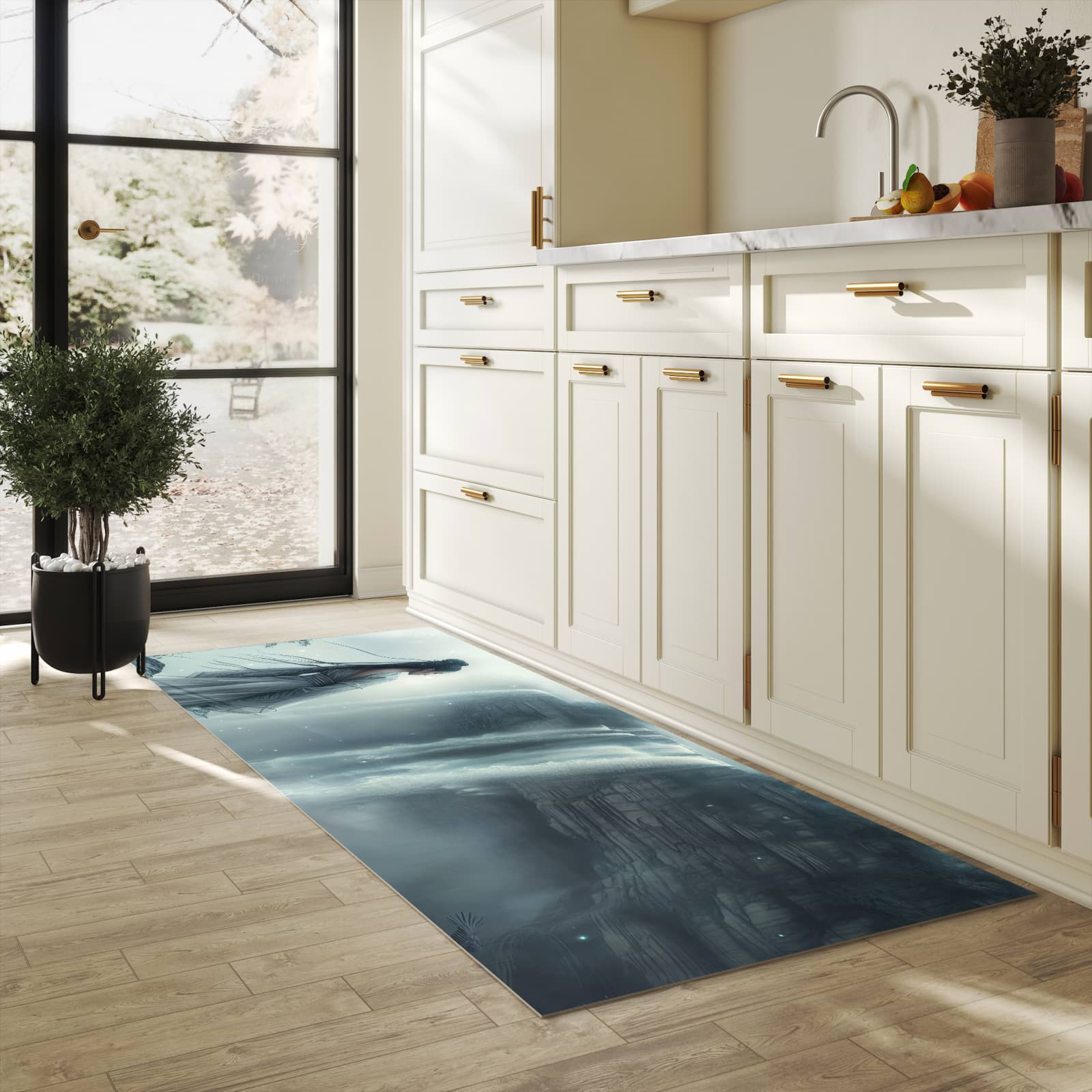 Bodenschonender großer Küchenteppich mit Motiv Frau Am Wasserfall in heller Küche