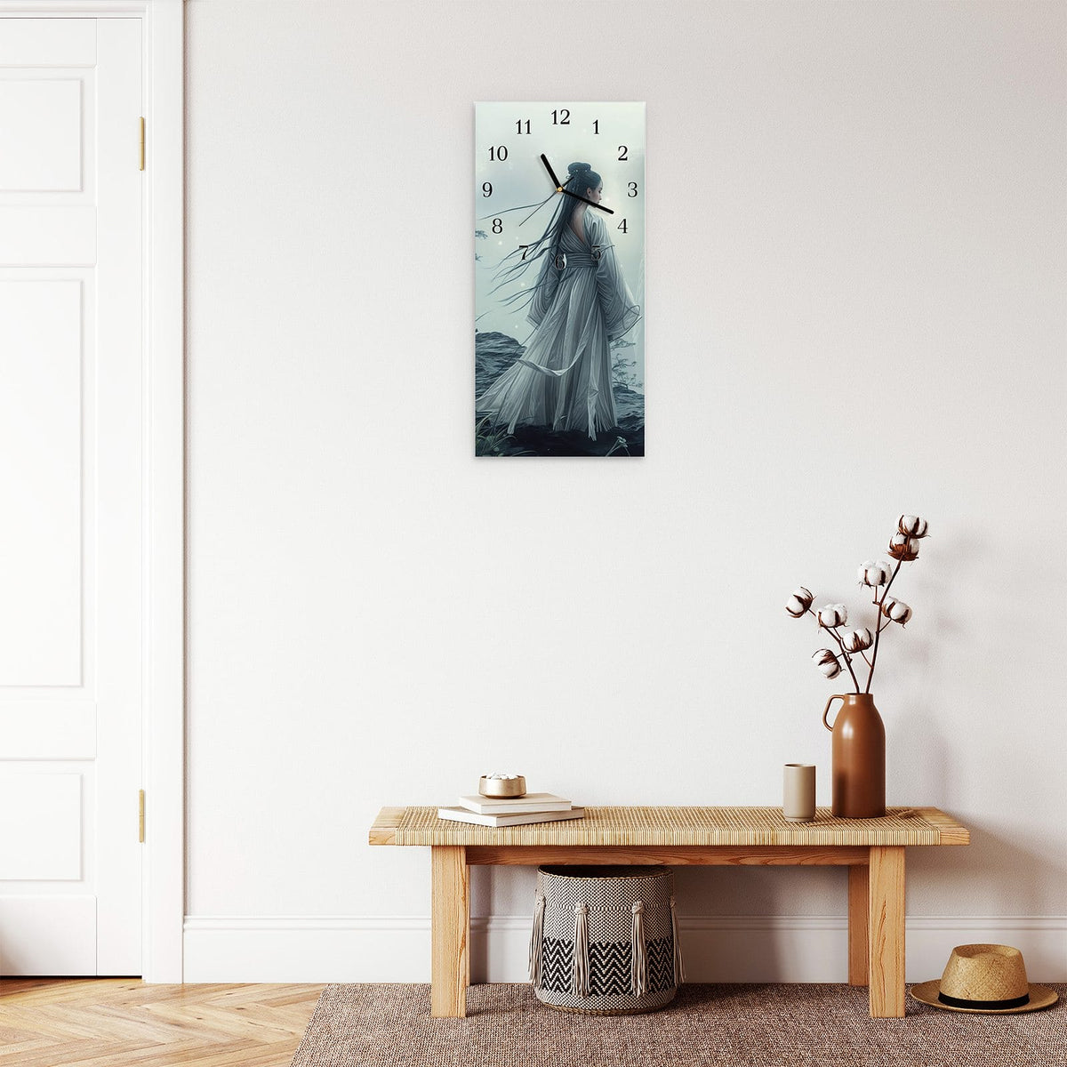 Moderne Wanduhr aus Glas mit Farbtiefe – Wanduhr Frau Am Wasserfall aus Glas – Hochformat 30 × 60 cm