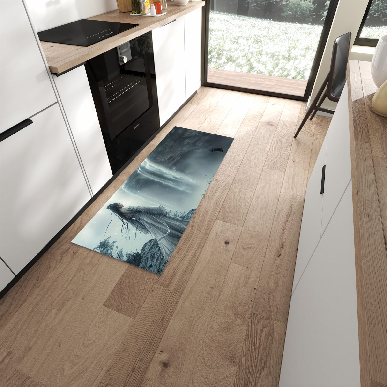 Zeitsparender rutschfester Läufer mit Motiv Frau Am Wasserfall in moderner Küche #grösse_60 x 150 cm