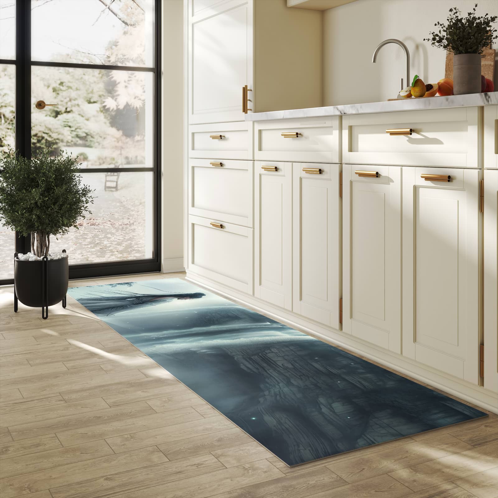 Feuchtigkeitsresistenter Küchenteppich mit Motiv Frau Am Wasserfall in heller Küche