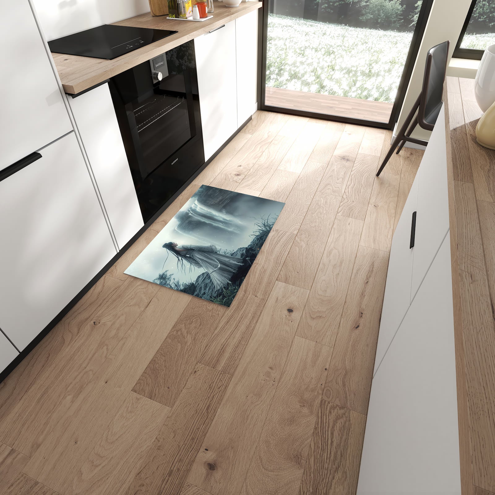 Wasserabweisender Teppich für Esstisch mit Motiv Frau Am Wasserfall in moderner Küche