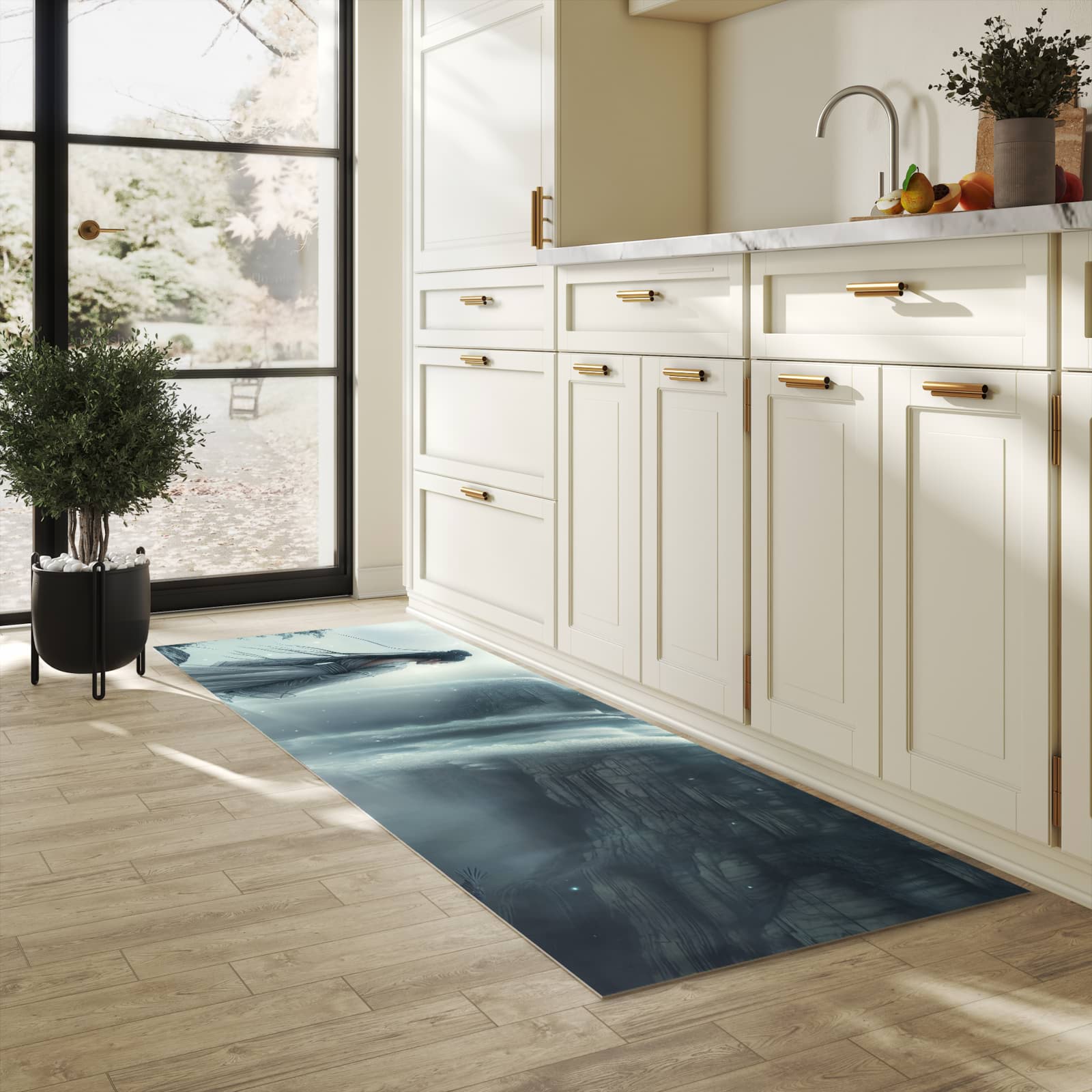 Rutschfester Küchenteppich mit Motiv Frau Am Wasserfall in heller Küche