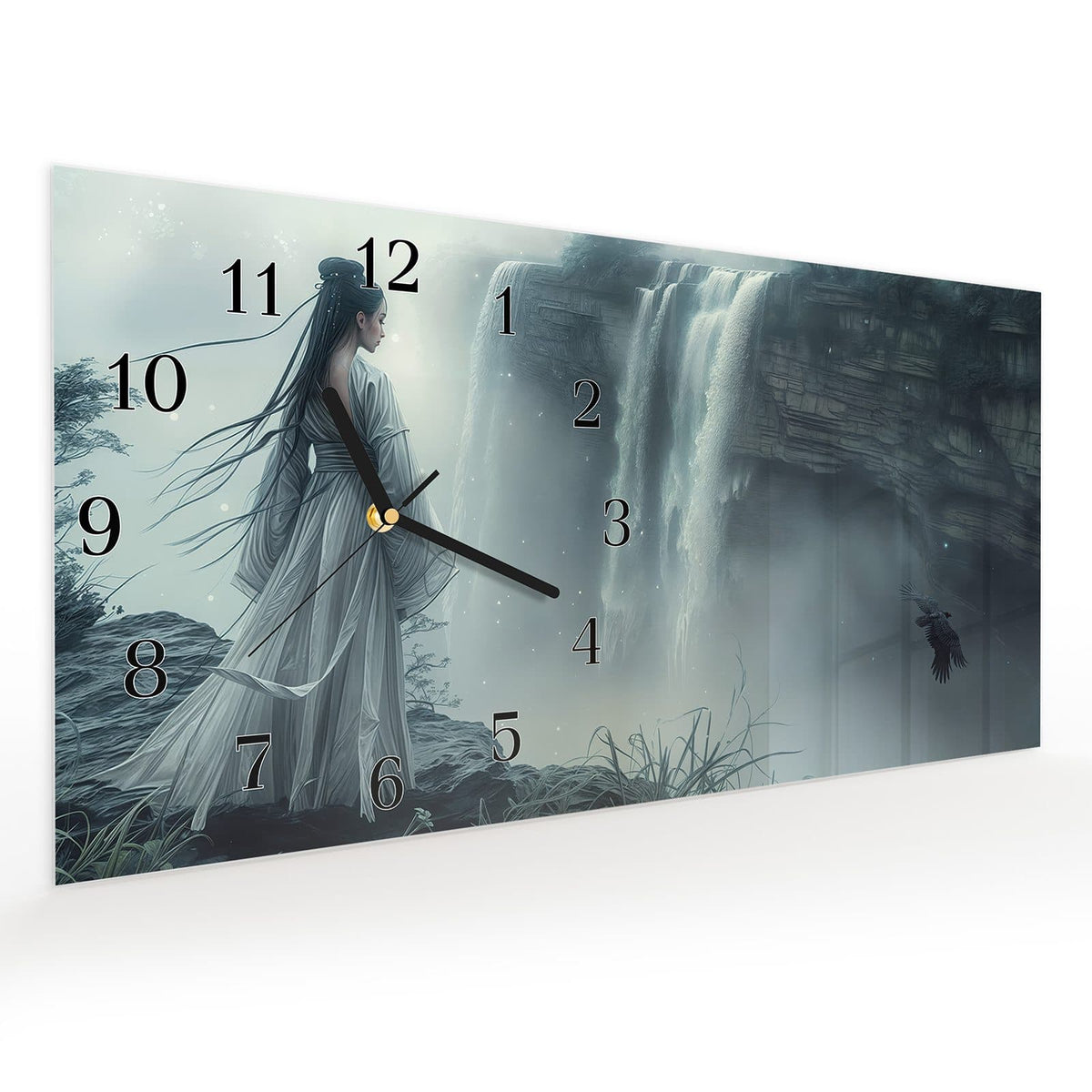 Vormontiert – mit Schwebeeffekt – Wanduhr Frau Am Wasserfall aus Glas – Querformat 60 × 30 cm