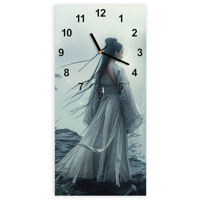 Wanduhr Frau Am Wasserfall aus Glas – Hochformat 30 × 60 cm mit Ziffernblatt Modern