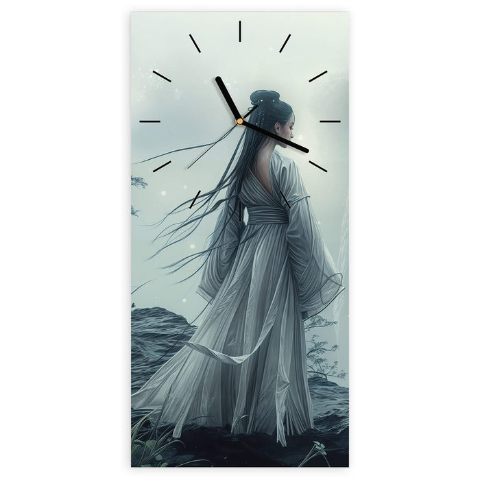 Wanduhr Frau Am Wasserfall aus Glas – Hochformat 30 × 60 cm mit Ziffernblatt Linie
