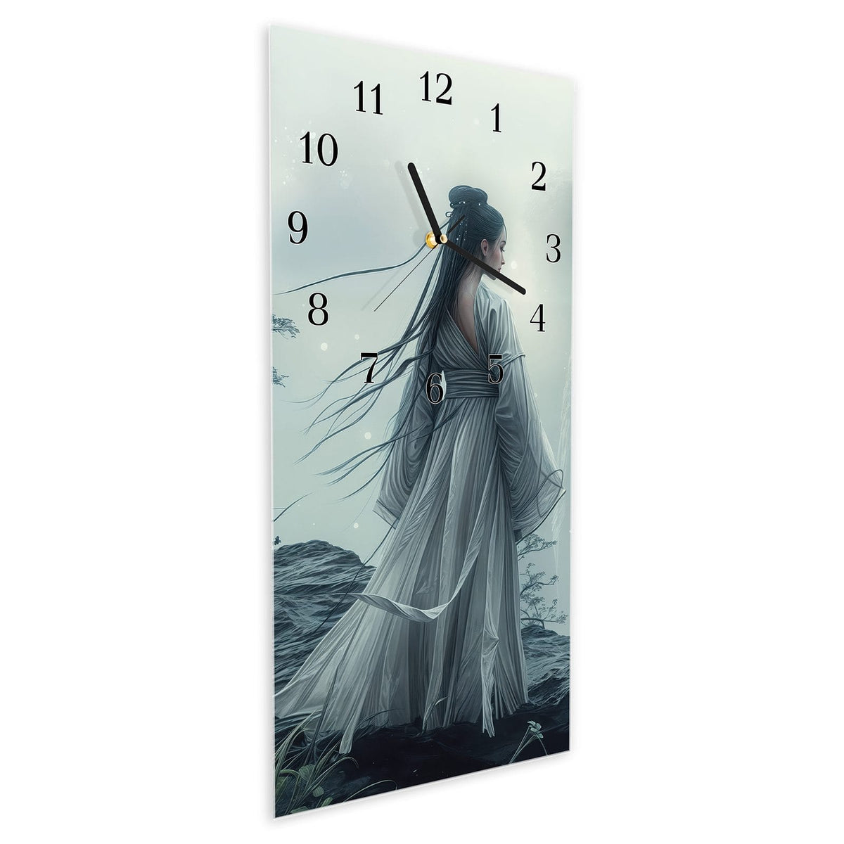 Vormontiert – mit Schwebeeffekt – Wanduhr Frau Am Wasserfall aus Glas – Hochformat 30 × 60 cm