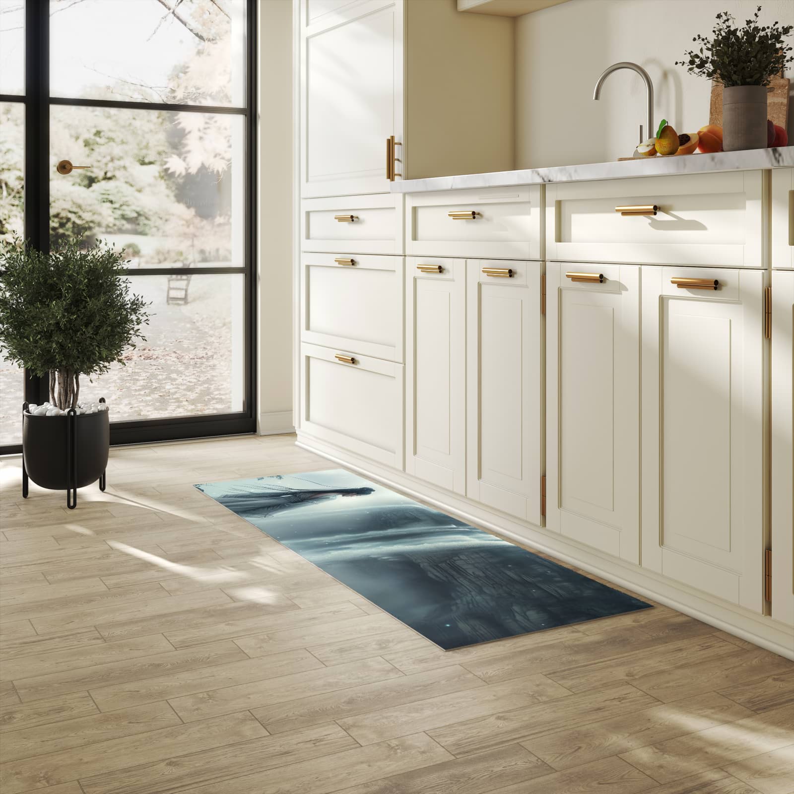 Pflegeleichter rutschfester Küchenteppich mit Motiv Frau Am Wasserfall in heller Küche